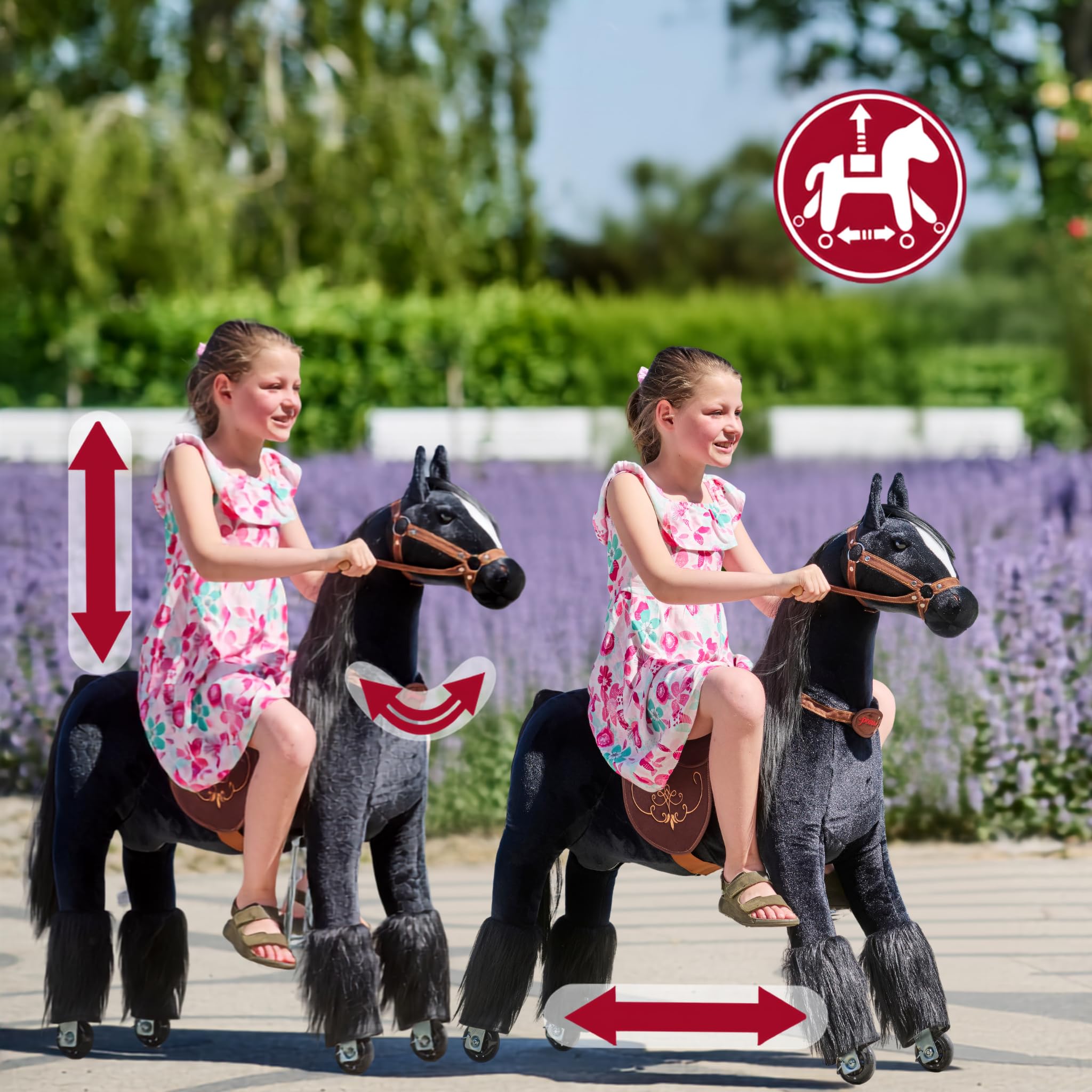 PONNIE Koń jeździecki z kołami Ebony M dla dzieci w wieku 5-12 lat (50 kg) – Bez baterii – Wzrost dziecka uwzględniony dzięki regulowanym strzemiączkom – Można czesać dzięki odpinanemu brązowemu