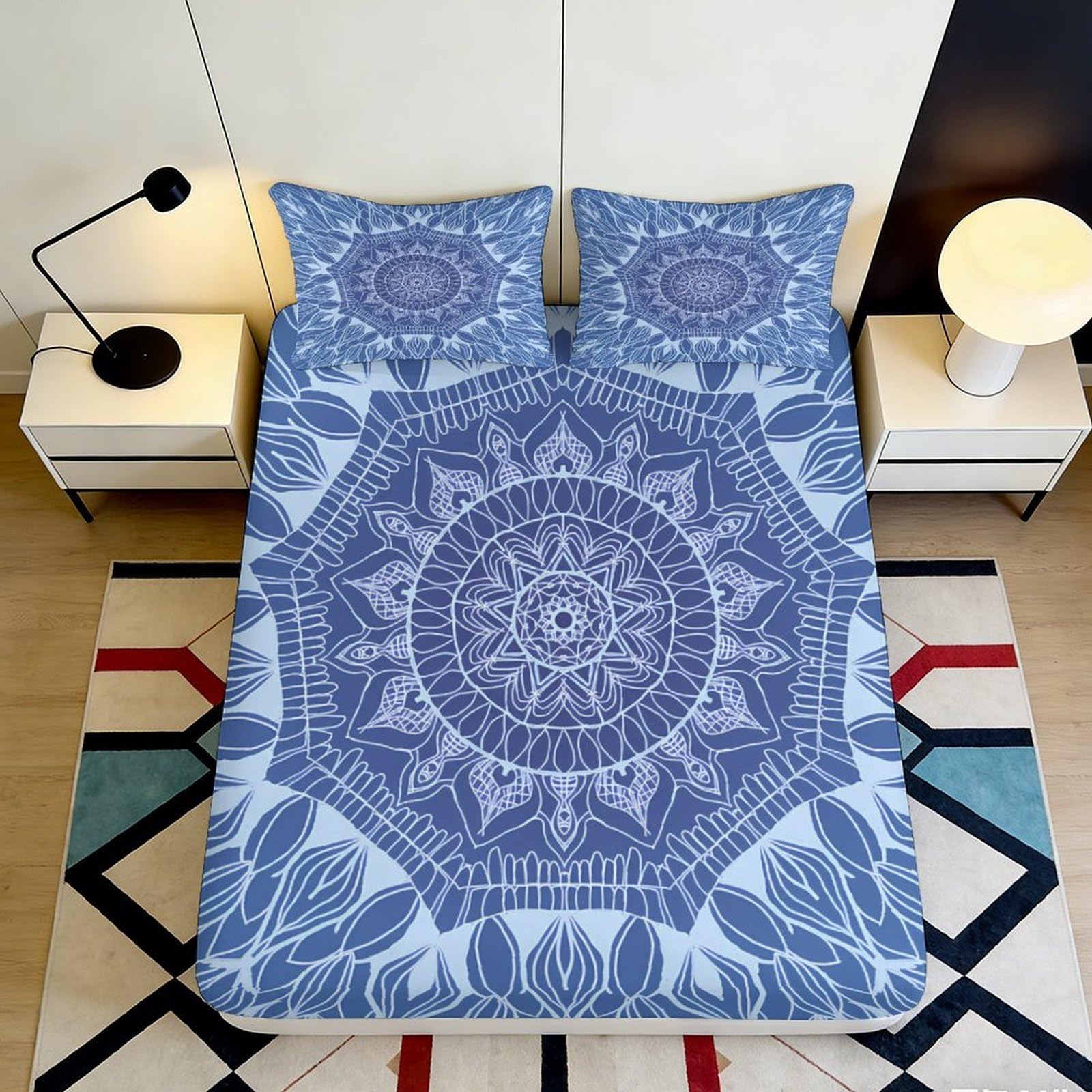 K1r3d9e5 Style-2 3D Printed Mandala Blue Fitted Sheet Microfiber Soft Decorative Lotus Pattern Mattress Cover For Bedroom Guest Room Dorm Protection 90X200x25cm