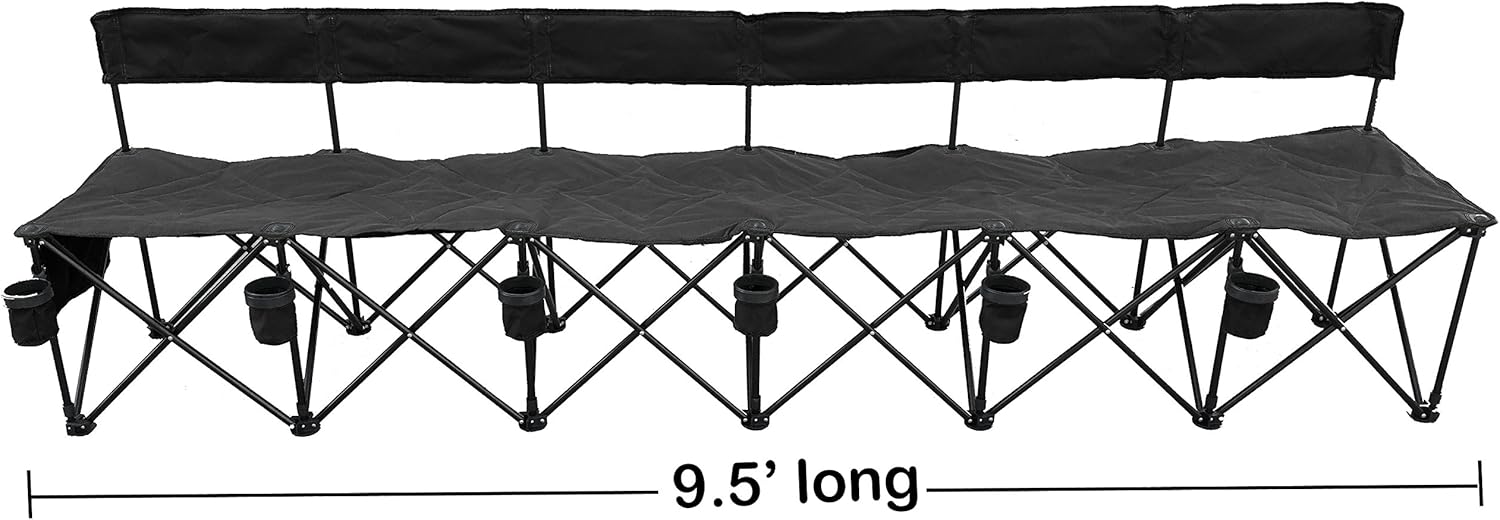 GoTEAM! Pro 6 Seat Portable Folding Team Bench w/Cupholders - Soccer Benches for Team - Carrying Bag Included - Folding Bench Camping Chairs - Sideline Soccer Bench - Portable Camping Chair (Black)