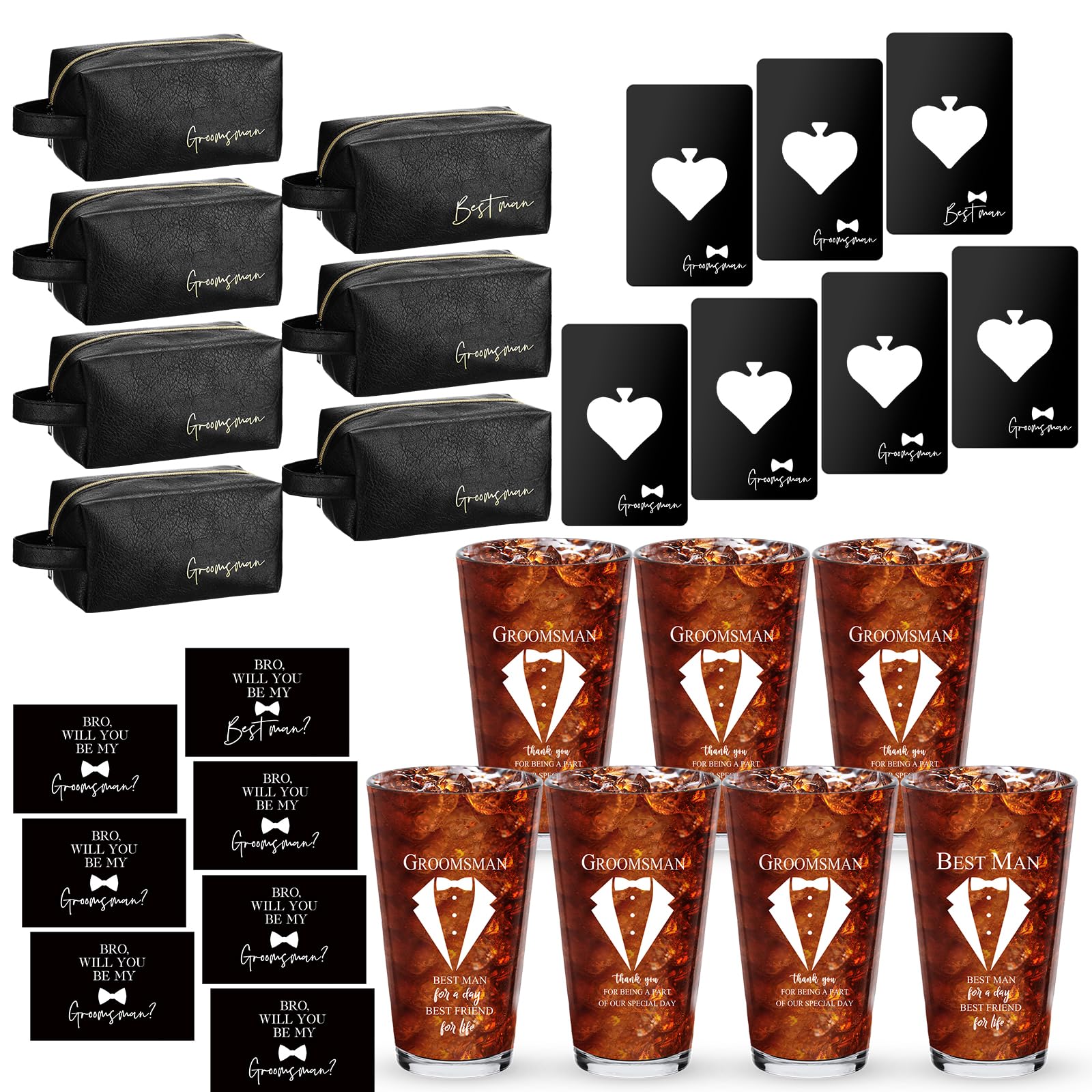 Photo 1 of Amylove 7 Sets Groomsmen Gifts Set Wedding Proposal Gift 16 oz Beer Glass Cup Toiletry Bag and Bottle Opener Cap for Best Man PU Leather Cosmetic Bags with Zipper Greeting Card for Wedding(Black)