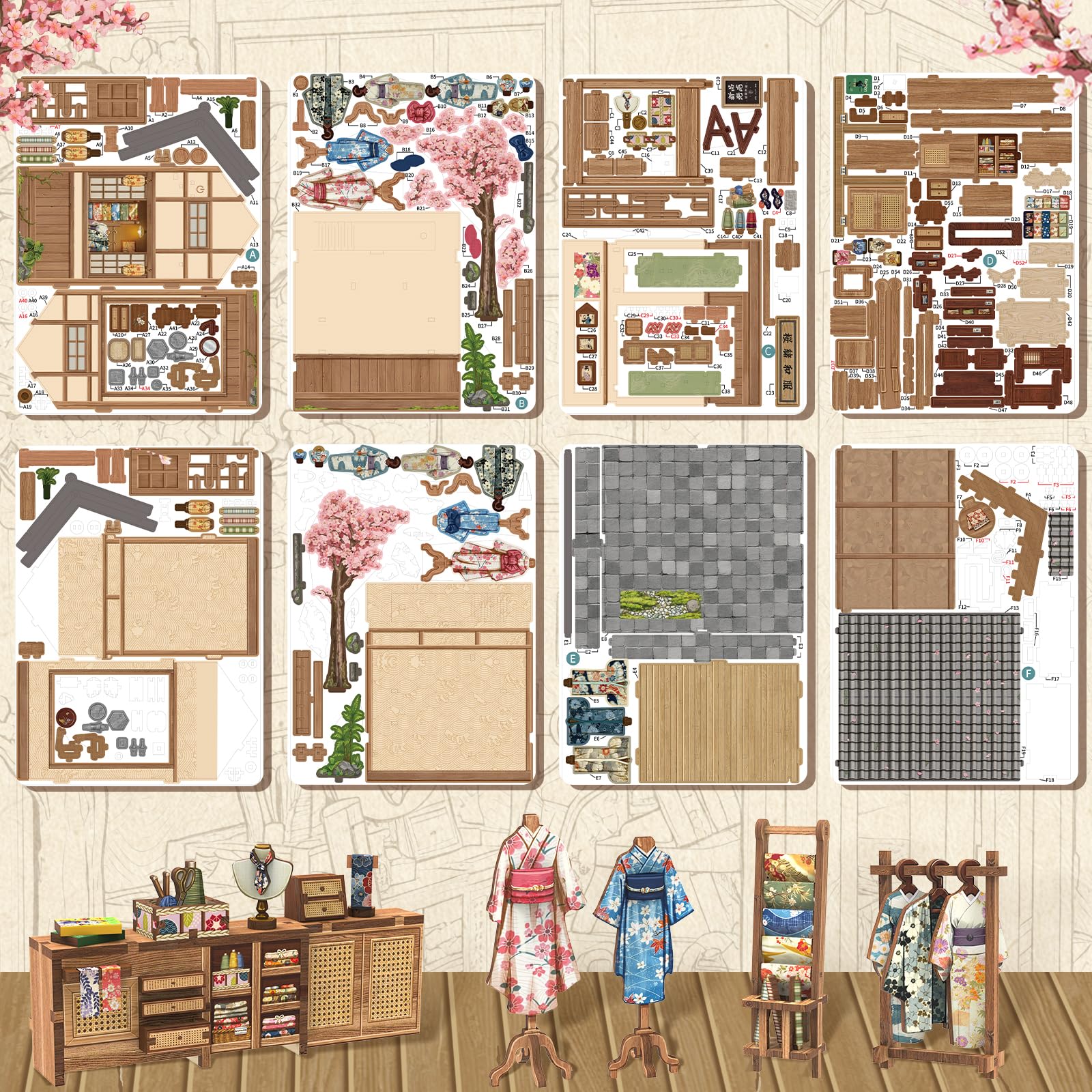 Cutefun Japanese Book Nook DIY - Puzzle 3D (Sakura O Kimono Shop) | 3D drewniane puzzle dla dorosłych miniaturowy zestaw do rękodzieła prezent dla kobiet miłośników książek