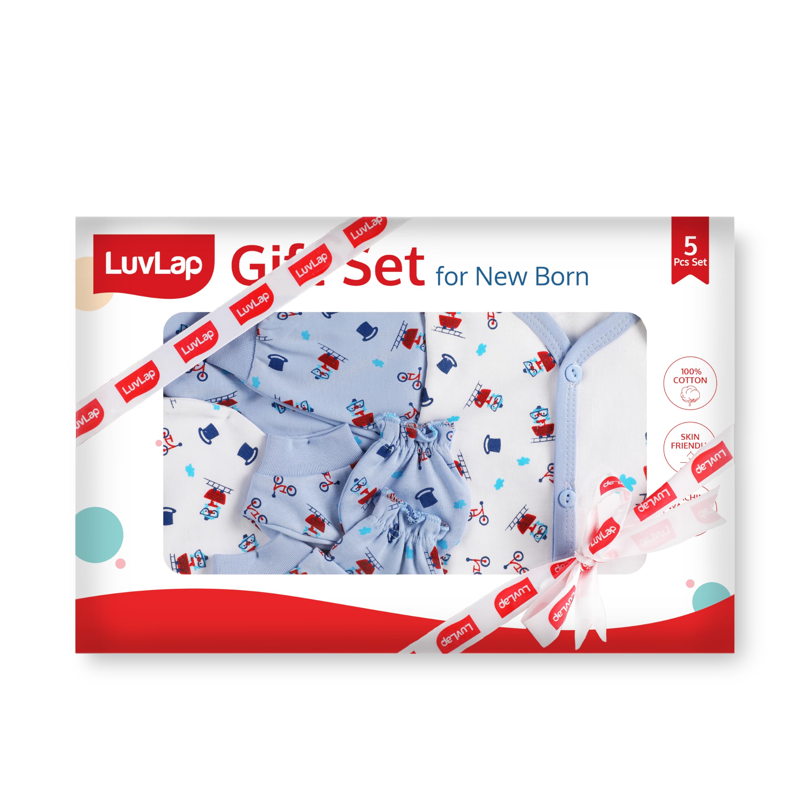 LuvLap Newborn Baby Gift Set of 5 Items, Open Half Sleeves Jhabla Vest- Tshirt, Pajama Pants, Cap, Mittens and Socks, Cottony Soft, Skin Friendly, Baby Clothes Set 0-3 Months, White Boat Hats Print