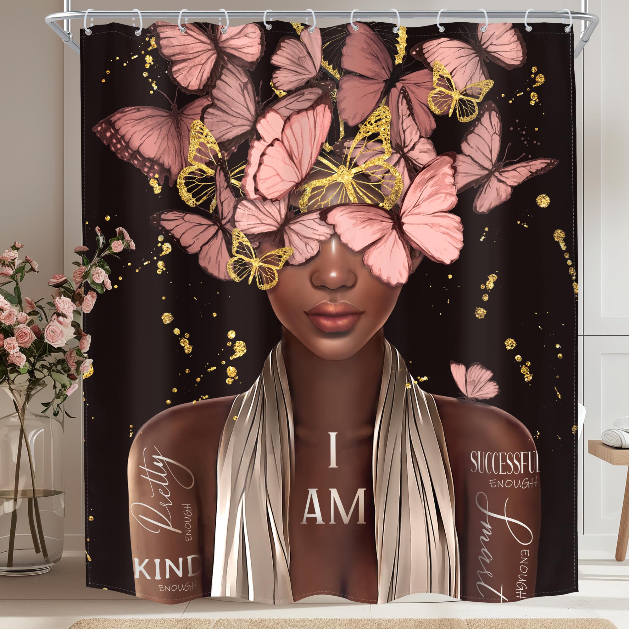 MESHELLY Black and Pink Shower Curtain 60Wx72H Black Woman Gold Butterfly Shower Curtain African American Vintage Inspiration Quote Afro Lady Bath