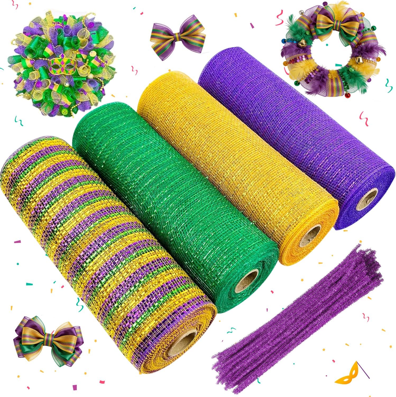4 Roll Mardi Gras Poly Mesh Ribbon with 100 Pipe Cleaners, 10 Inch x 30 Ft Metallic Poly Mesh Ribbon Purple Gold Green Stripe Glitter Foil Decorative Mesh Rolls for DIY Wreath Crafts Decor