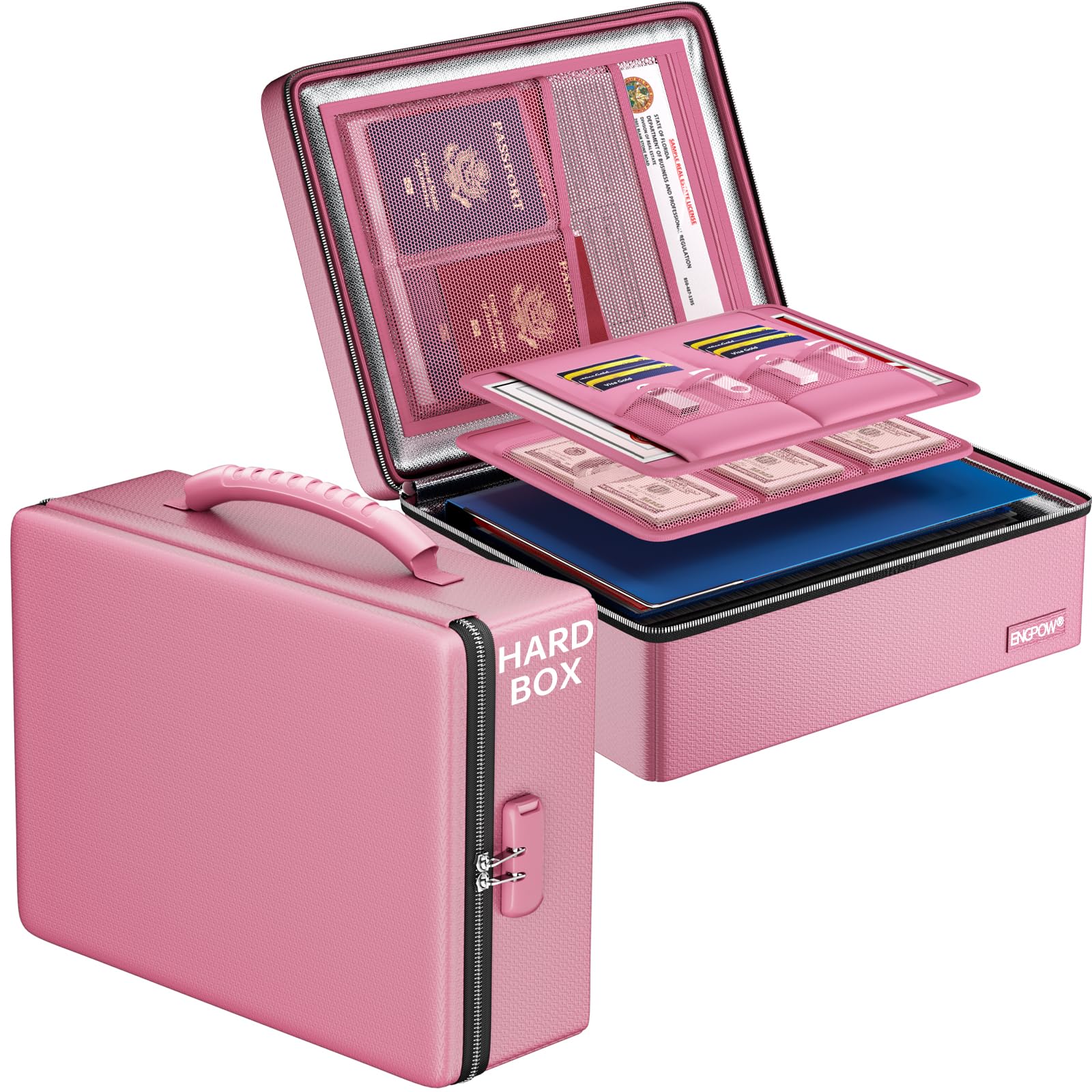 ENGPOW Fireproof Document Box, Hard Case File Box with Fireproof Zipper＆Lock, 6400°F Heat Insulated Fire and Water Resistant File Organizer Storage