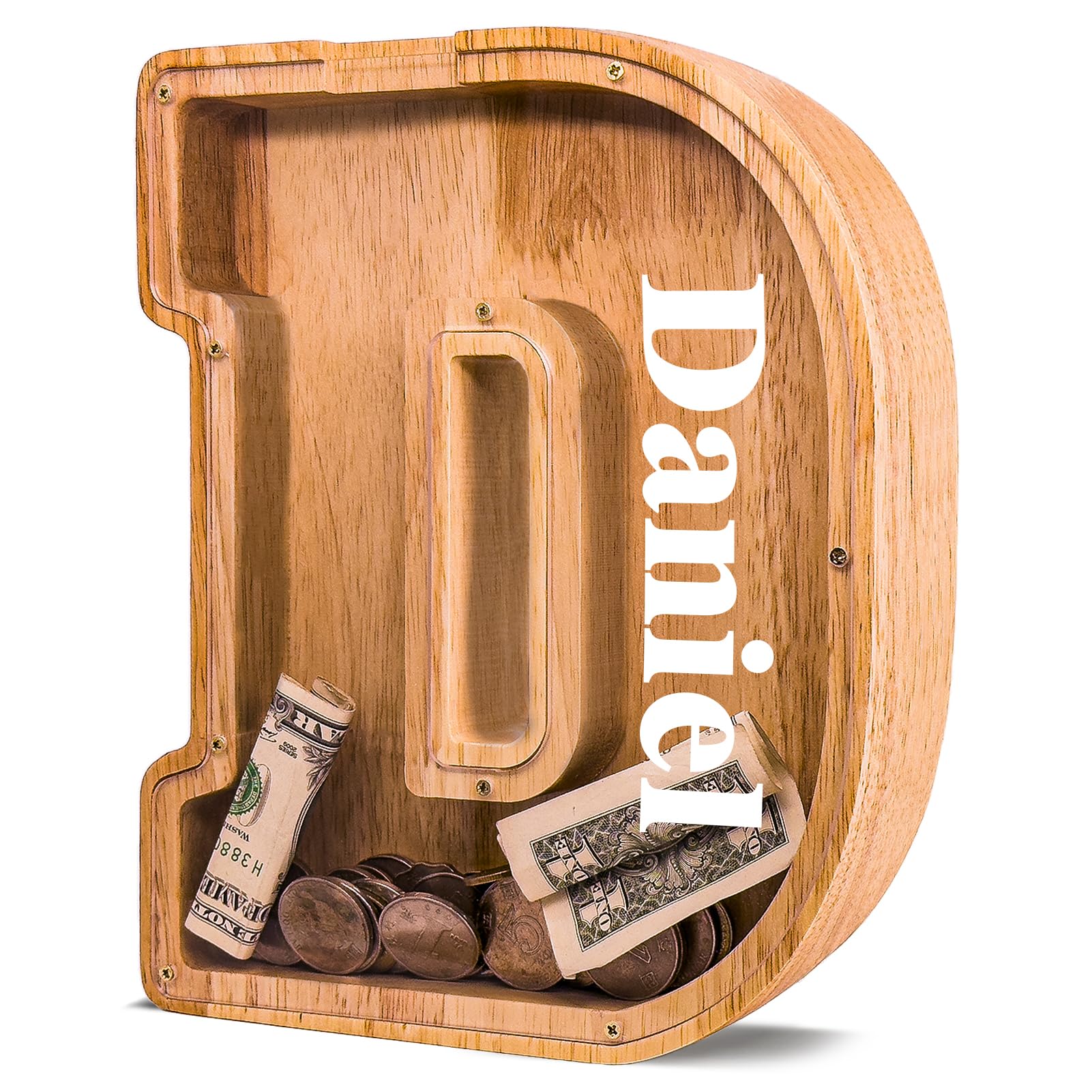 JOOMLAFLY Personalized Wooden Letter Piggy Bank for Kids Larger Letter Piggy Bank for Boys and Girls Initial Coin Bank Customized Piggy Bank Perfect Wood Kids Money Bank for Birthday and Festival