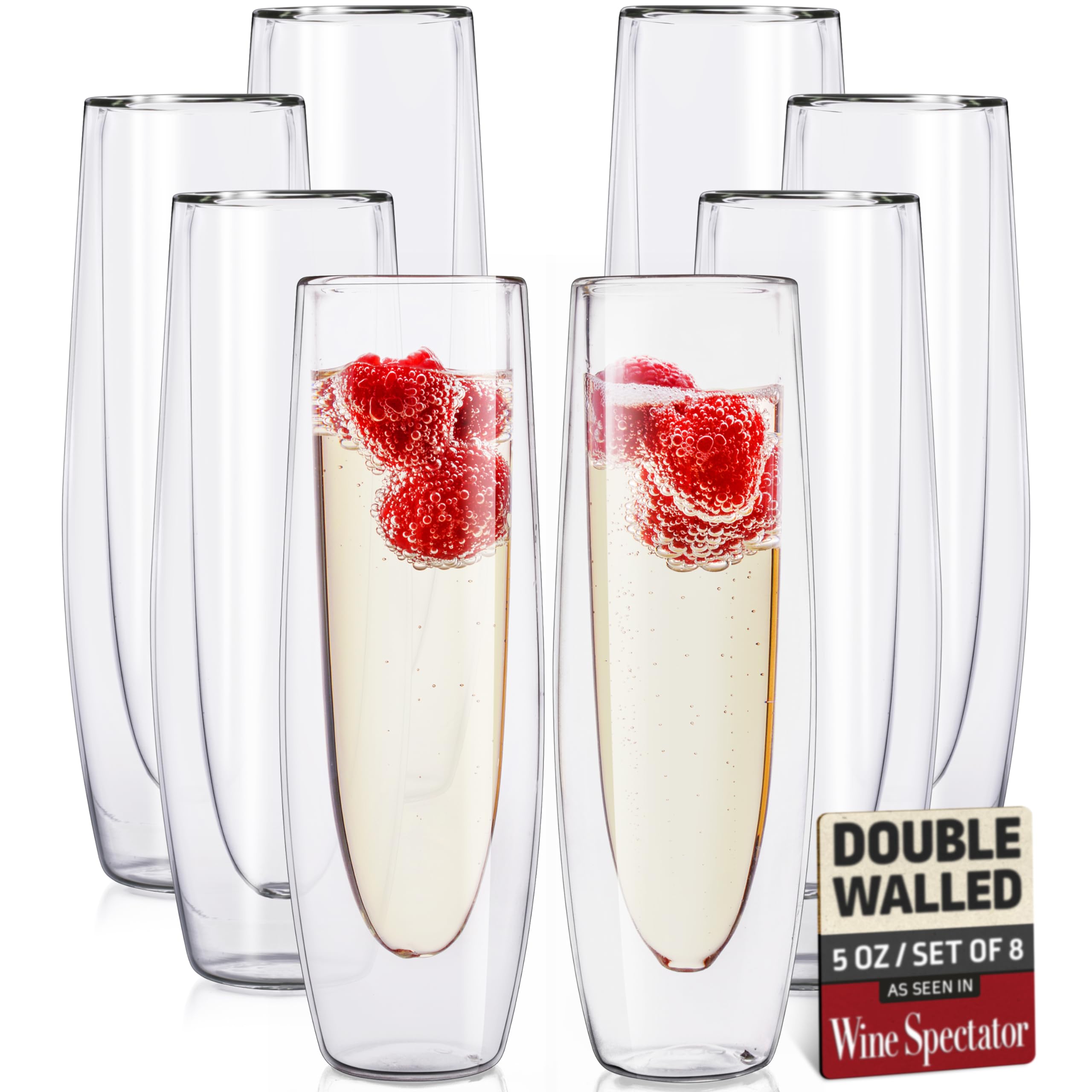 Eparé Double Walled Mimosa Glasses - Set of 8 Stemless Champagne Glass - Lightweight Glasses - Easy to Hold Bridesmaid Flute - Prosecco Glasses for Bridal Shower