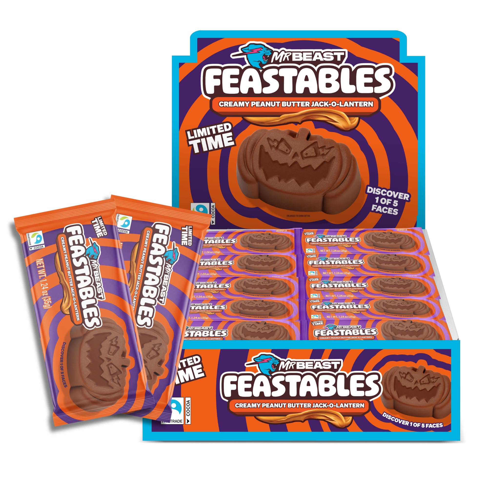 Feastables MrBeast Peanut Butter Jack-O-Lantern, Milk Chocolate & Creamy Peanut Butter Filling, Cups for Adults & Kids, Chocolate for Halloween Candy, Snacks, or Gifts, Fairtrade Cocoa, 30 Count Halloween 30 Count