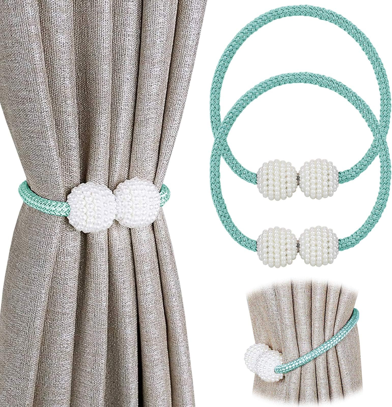 Pinowu Magnetic Curtain Tiebacks Clips (2 Pack) - Window Tie Backs Holders for Home Office Decorative Rope Holdbacks Classic Tiebacks Design (Aqua)