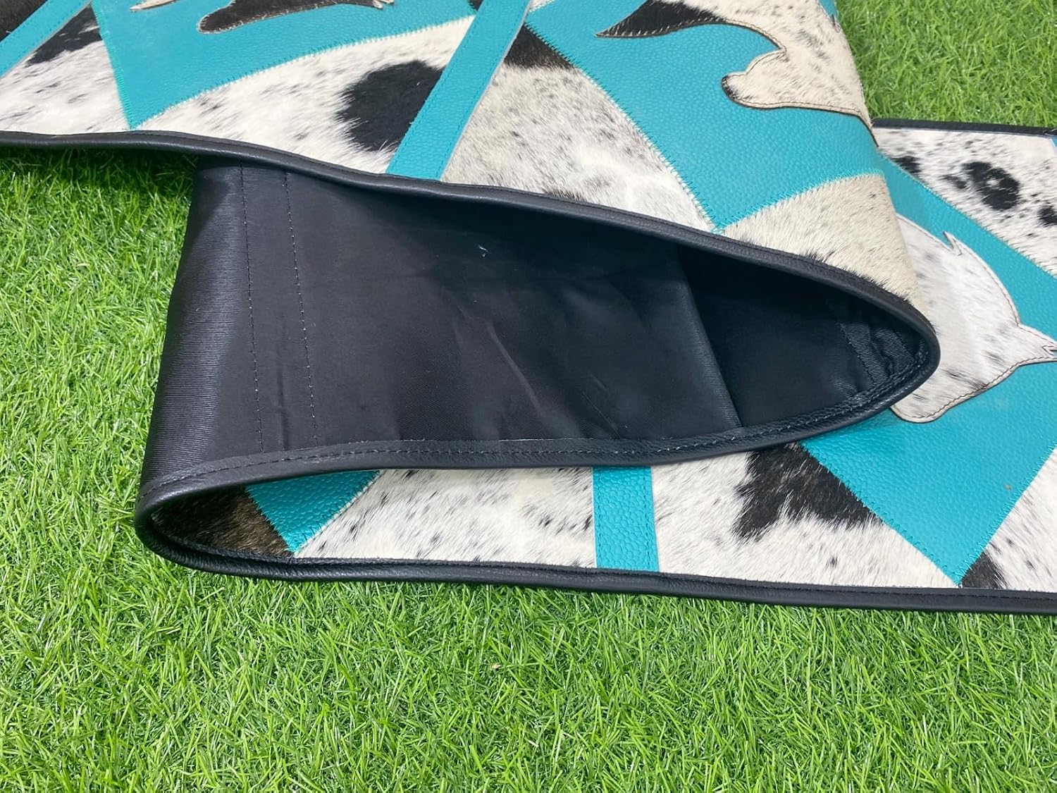 Cow Hide LeatherTable Runner Having White and Black Coloured Cow Decorated with Acid wash Turquoise Diamond Square Patch Having Horse face in Between by MOUSM