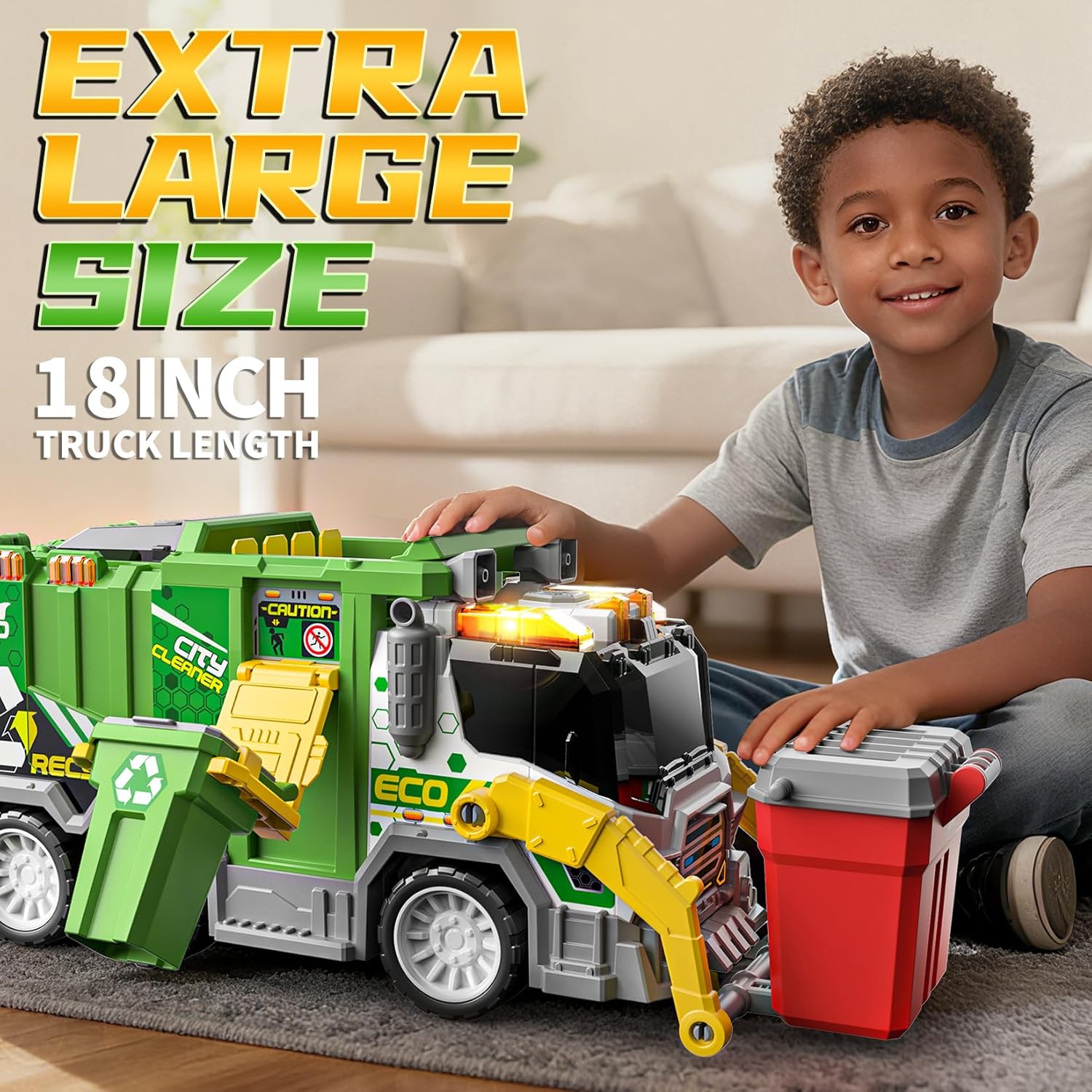 Large Friction Powered Garbage Truck Toy Set with Light & Sound - ECO City Cleaner with Recycle Dumpster, 4 Color-Coded Trash Bins & 2 Ejection Cars, Ideal Birthdays for Toddlers Boys Girls