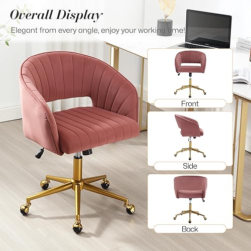 Miniatura 8 de Silla de escritorio giratoria para oficina en casa, moderna silla de escritorio de terciopelo, sillón de altura ajustable con base dorada, silla de