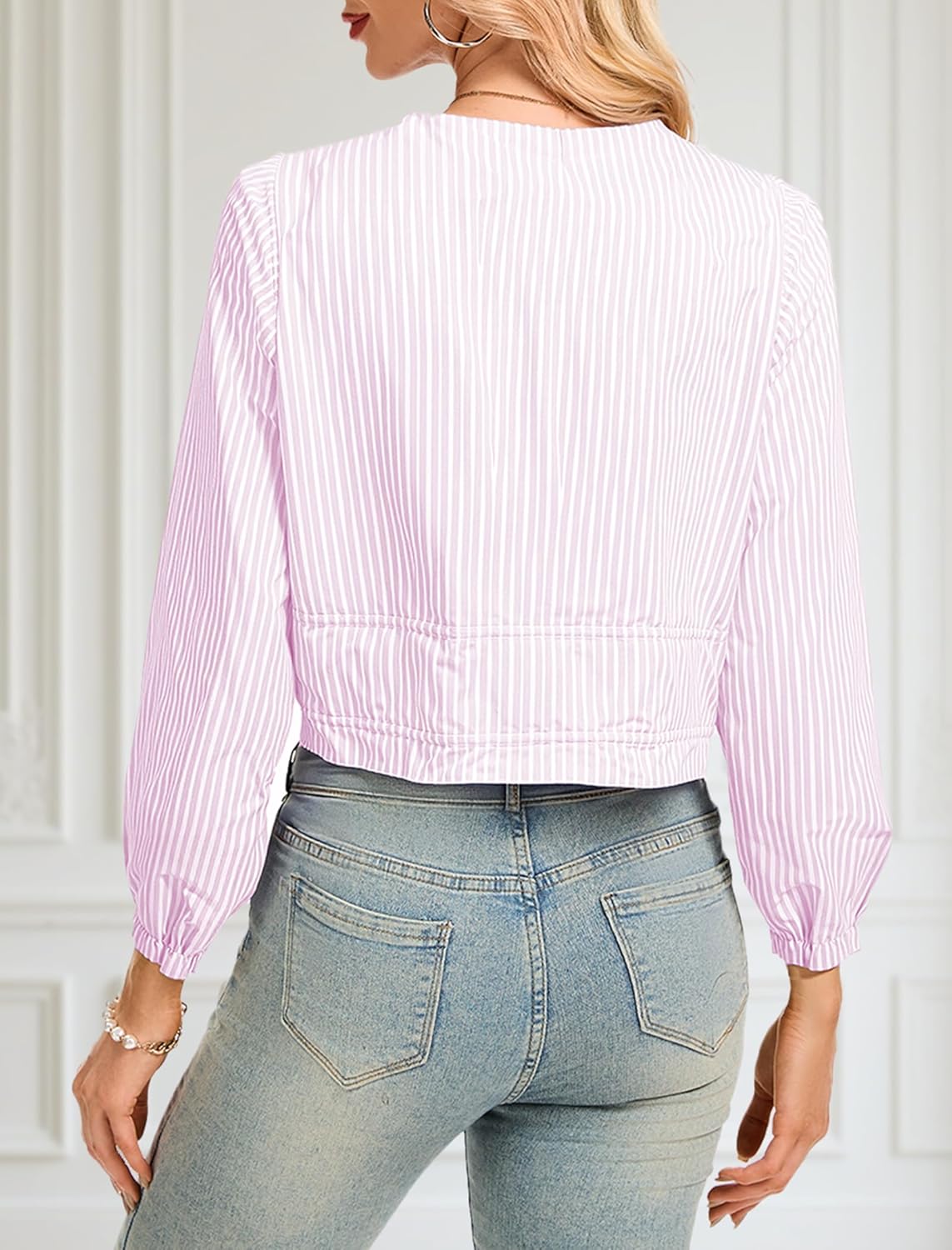 Womens Tops Cute Tie Front Striped Blouses Dressy Casual V Neck Shirts Trendy Long Sleeve Crop Tops - Image 3