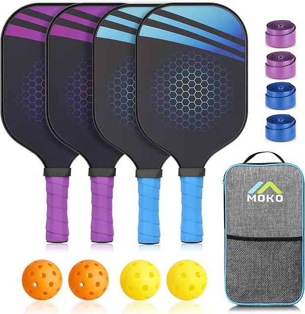 MoKo Pickleball Paddles Set, Indoor Outdoor Play, Lightweight Fiberglass Racket Set Non-slip Handle, Elastic Surface for Beginner Professional Players