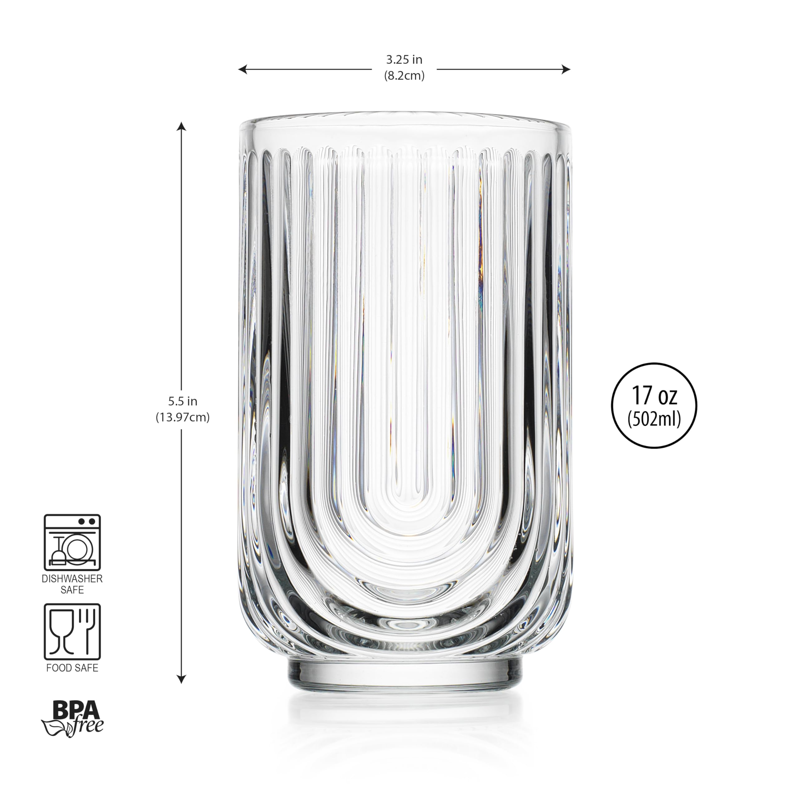 Glaver's Juego de 8 vasos de 17 onzas, vasos de cóctel ondulados, vasos acanalados, vasos de vidrio Highball. Cristalería Art Deco con diseño de arco para agua, jugo, café.
