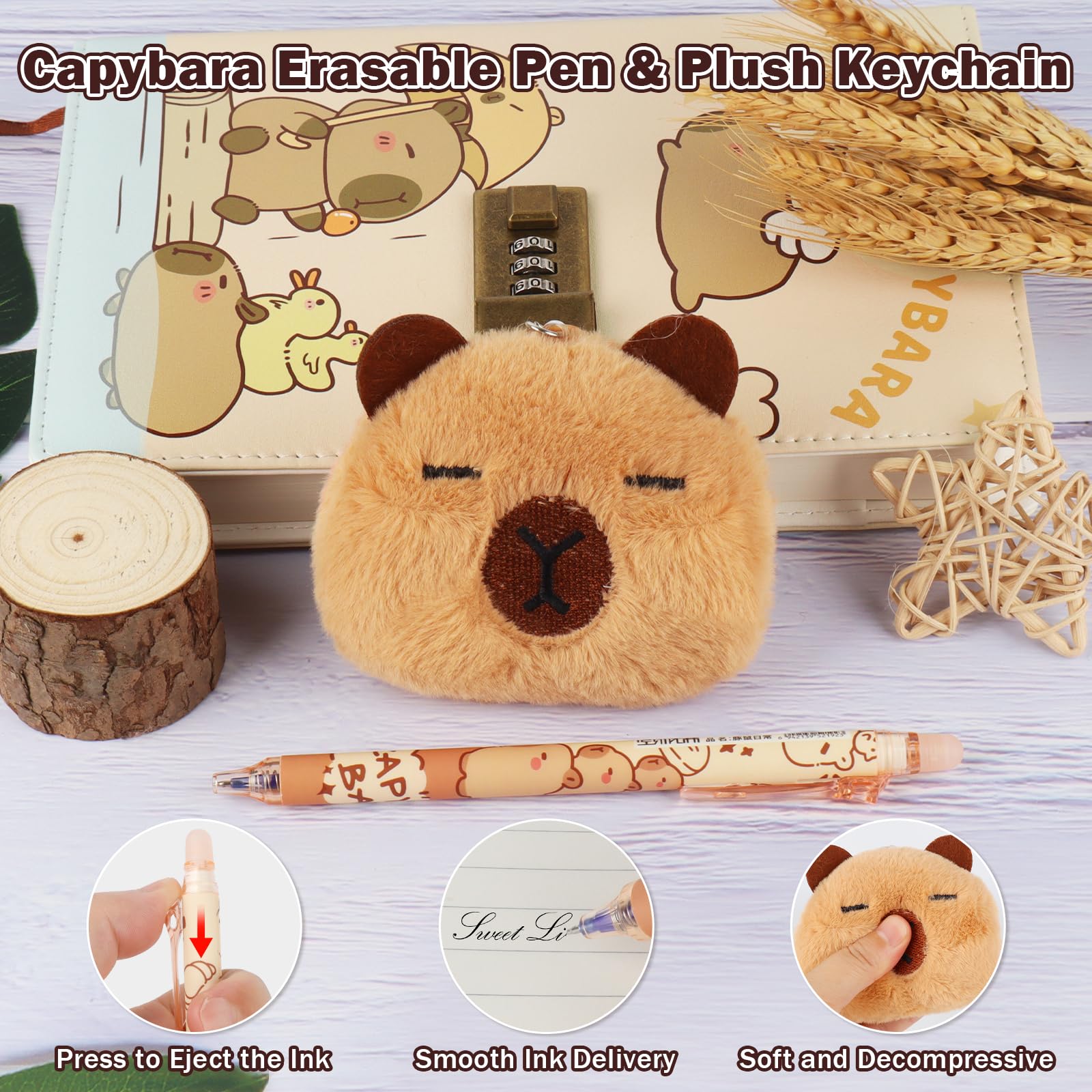 Zestaw pamiętnika z zamkiem Capybara: A5 linijka, 256 stron, notatnik dla dzieci, pamiętnik dla dzieci z ołówkiem i brelokiem Capybara, dla dziewczynek, chłopców, kobiet, mężczyzn
