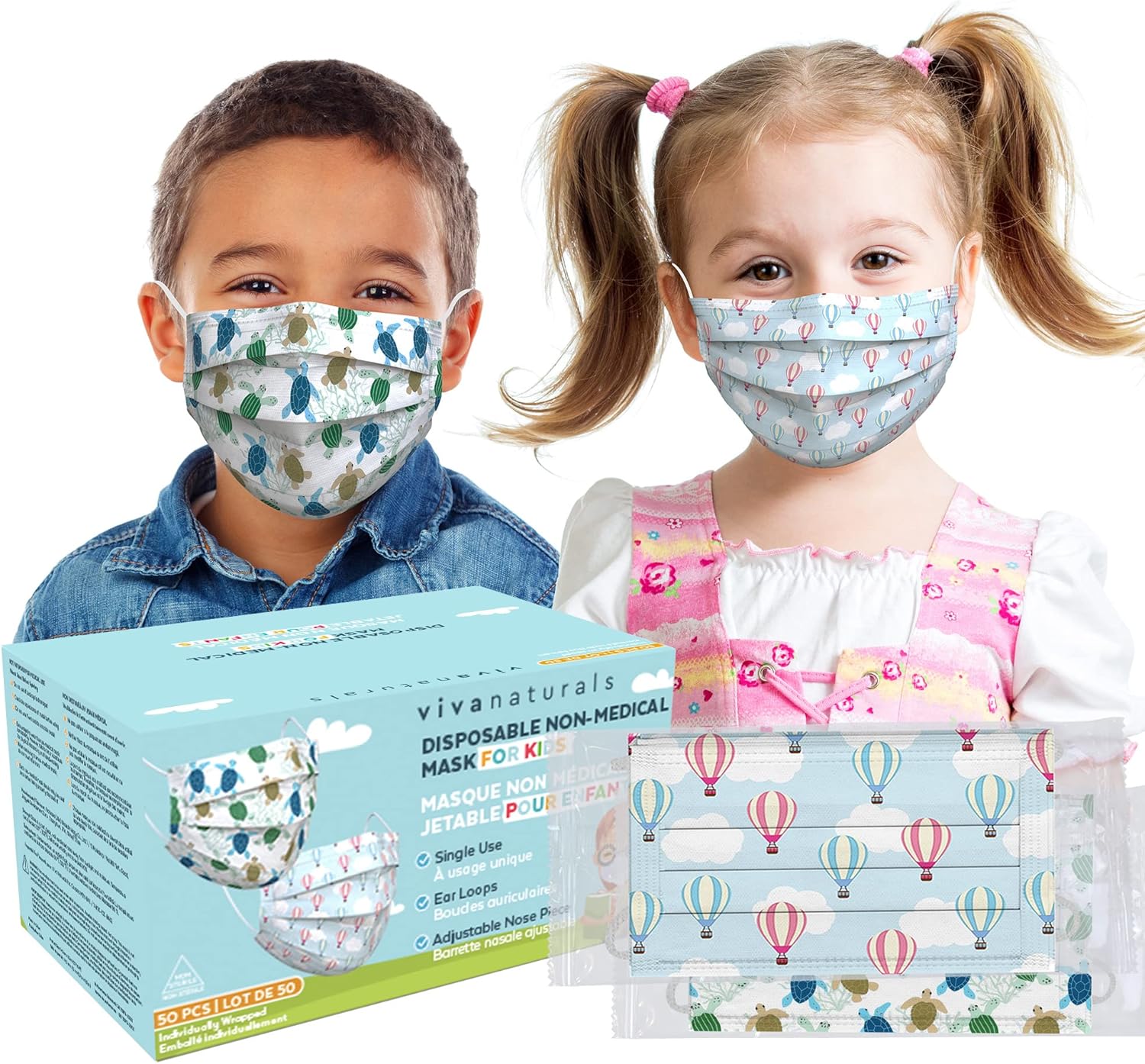 Turtles & Balloons Kids Face Mask (50 Individually Wrapped) Premium Disposable