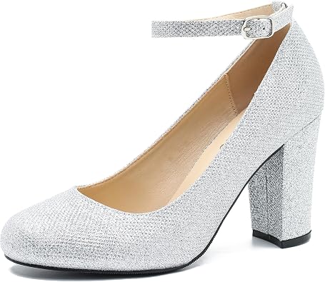 Womens Block High Heel Pumps with Ankle Strap, Round Toe, Classic Style