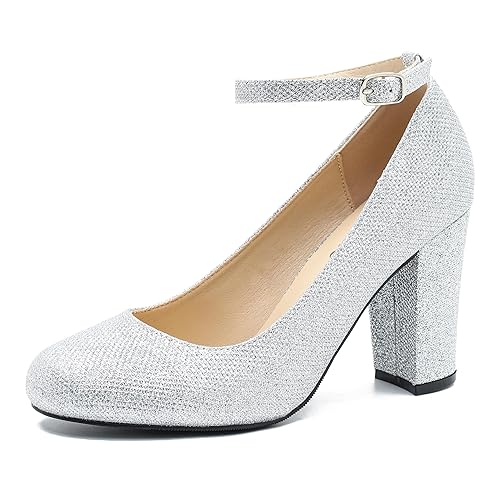 Women's Block High Heel Pumps with Ankle Strap, Round Toe,
