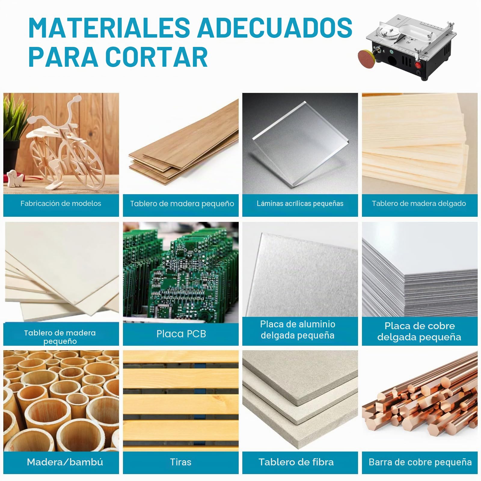 Mini sierra de mesa con disco de pulido y 4 cuchillas intercambiables, 7 velocidades ajustables, hoja de sierra portátil regulable en altura de 0,1-15 mm, con persiana de seguridad