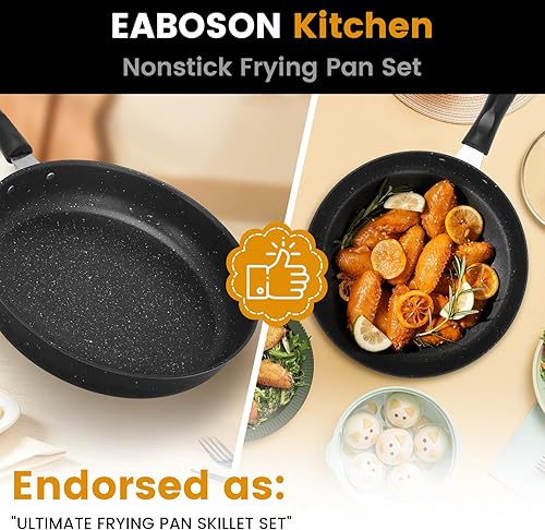 Miniatura 4 de Sartén antiadherente de 3 piezas, utensilios de cocina con revestimiento de piedra, sartén para tortilla de huevos de 9, 10 y 11 pulgadas con mango