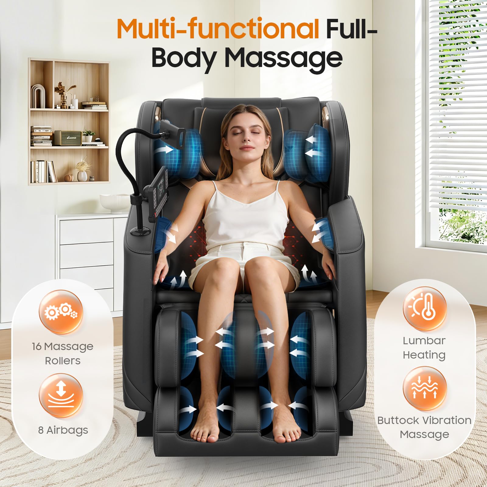 Fauteuil de massage, 16 rouleaux de massage, 8 airbags, chauffage lombaire, massage avec rouleaux et airbags sur les mollets, haut-parleur Bluetooth, télécommande avec écran tactile
