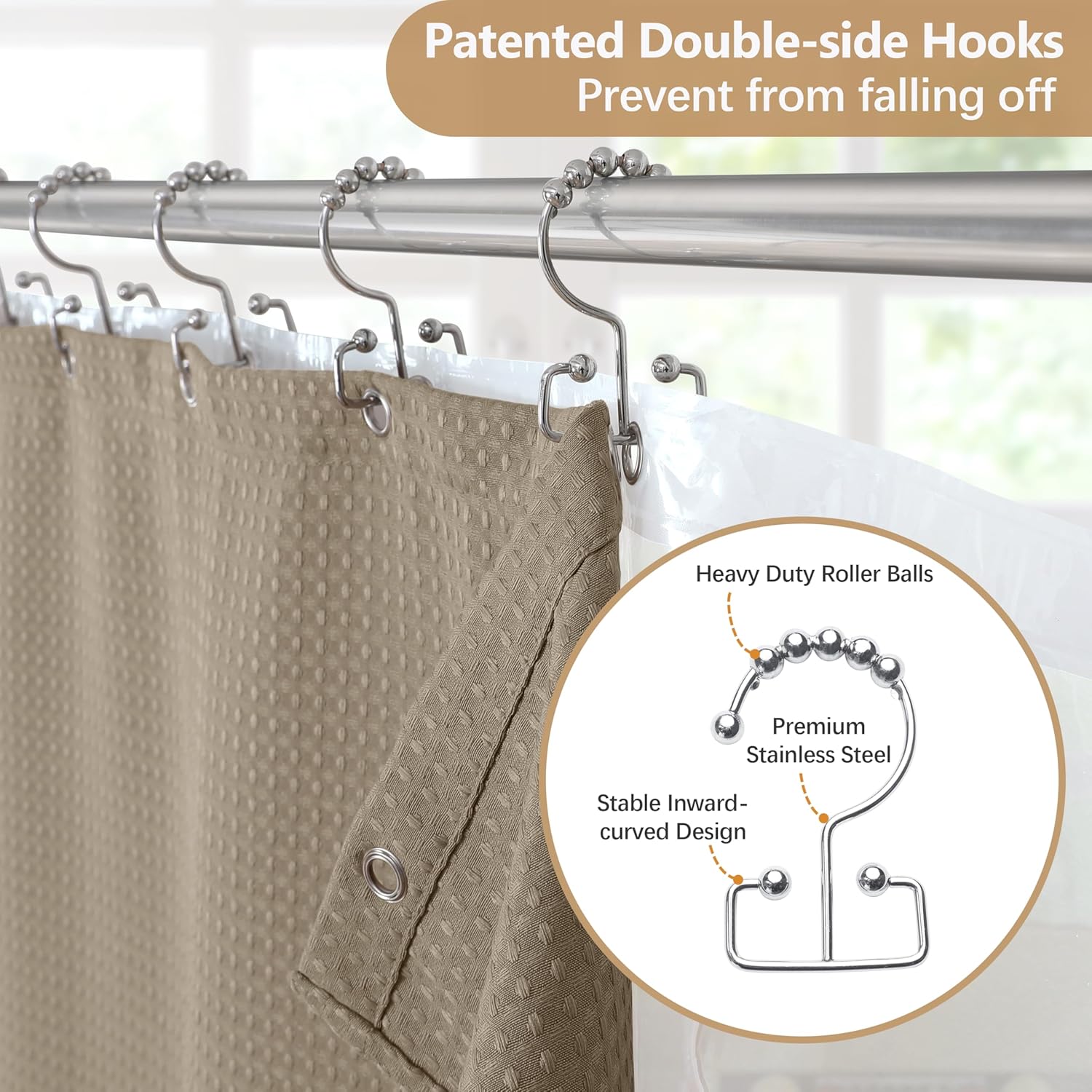 VANZAVANZU All-in-One Shower Curtain Set for Bathroom Enhanced 3D Waffle Fabric Shower Curtain with PEVA Waterproof Liner & 12 Upgraded Anti-Fall Hooks Heavy Duty Bath Tub Curtain 72"x72" (Khaki)