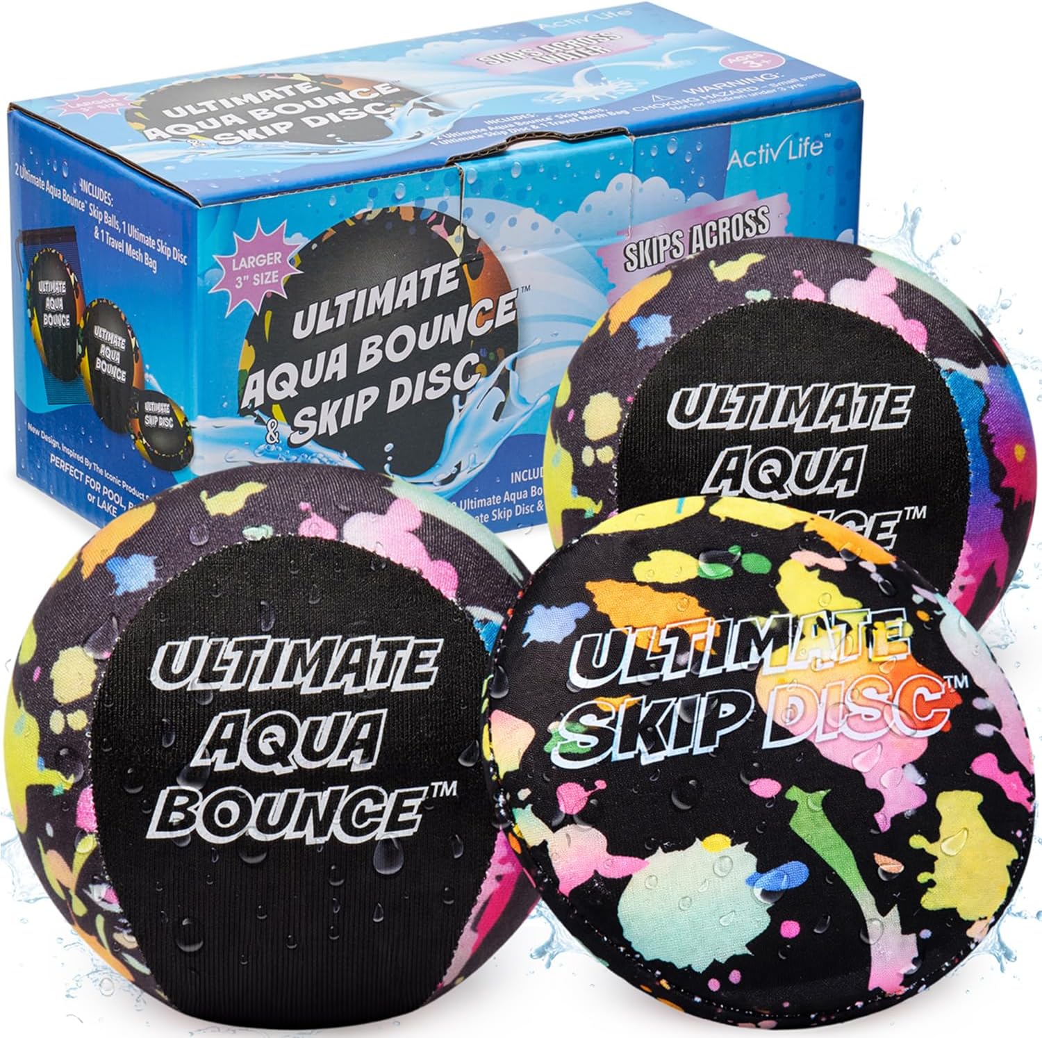 Activ Life Ultimate Skip Ball, Large 3" - 2 Water Skip Balls with 1 Skip Disc - Water Bouncing Ball Set for Beach, Pool & Lake Games - Fun Summer Toys for Kids, Teens, Adults & Families