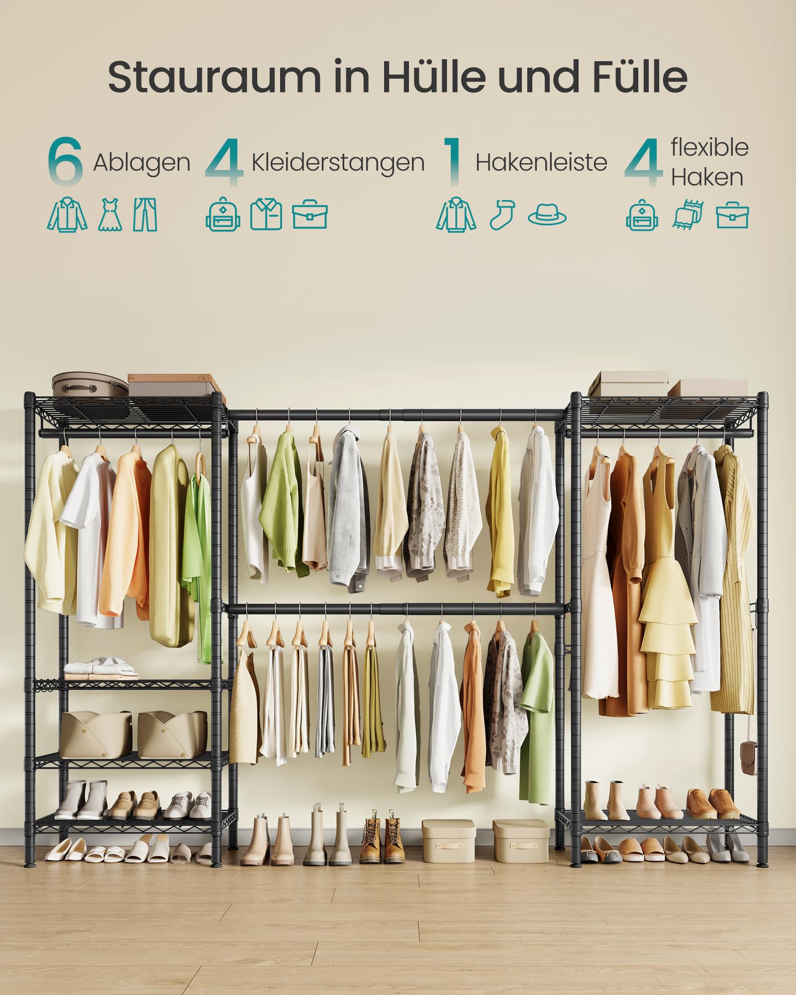 SONGMICS Kleiderständer, offener Kleiderschrank, ausziehbarer Garderobenständer, mit verstellbaren Ablagen und Kleiderstangen, Haken, 40 x (177-220) x 193 cm, tintenschwarz LGR438BH01