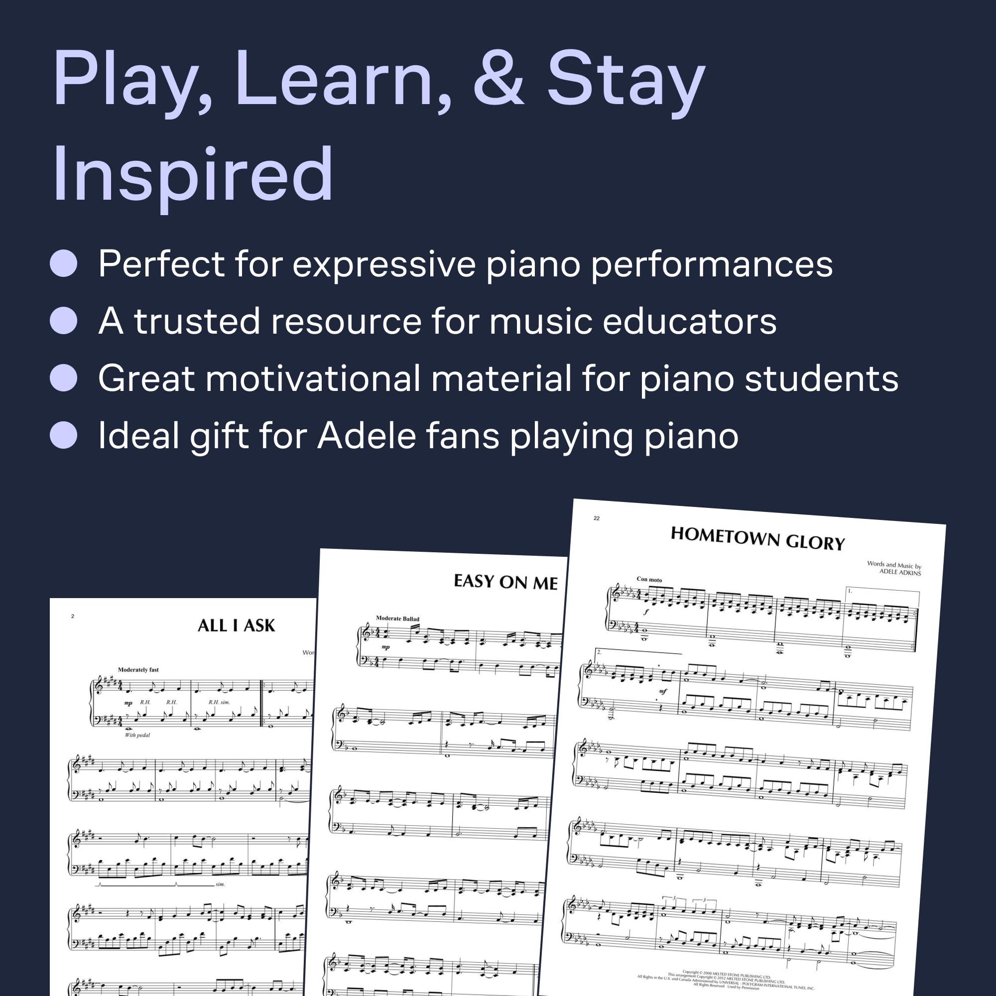 Adele for Piano Solo 3ème Édition | Recueil Partition Piano 14 Chansons Populaires | Hello Easy On Me Rolling in the Deep Skyfall | Arrangements Intermédiaire | Hal Leonard Livre Musique Pop
