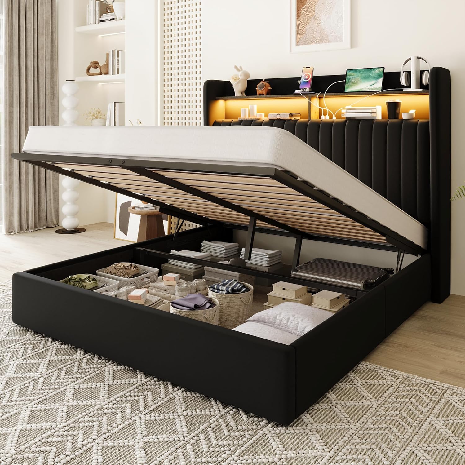 Allewie Queen Size Lift Up Hydraulic Storage Bed Frame,