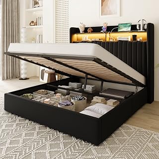 Allewie Queen Size Lift Up Hydraulic Storage Bed Frame, 2-Tier Shelf Headboard with LED Lights and Charging Station, USB and Type C Ports, Wingback Velvet Headboard, No Box Spring Needed, Black