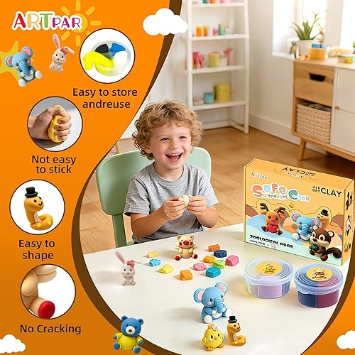 Miniatura 5 de Kits de arcilla seca al aire para niños, modelado de arcilla mágica, 12 animales, juego de manualidades de arcilla para moldear, ultra ligero y