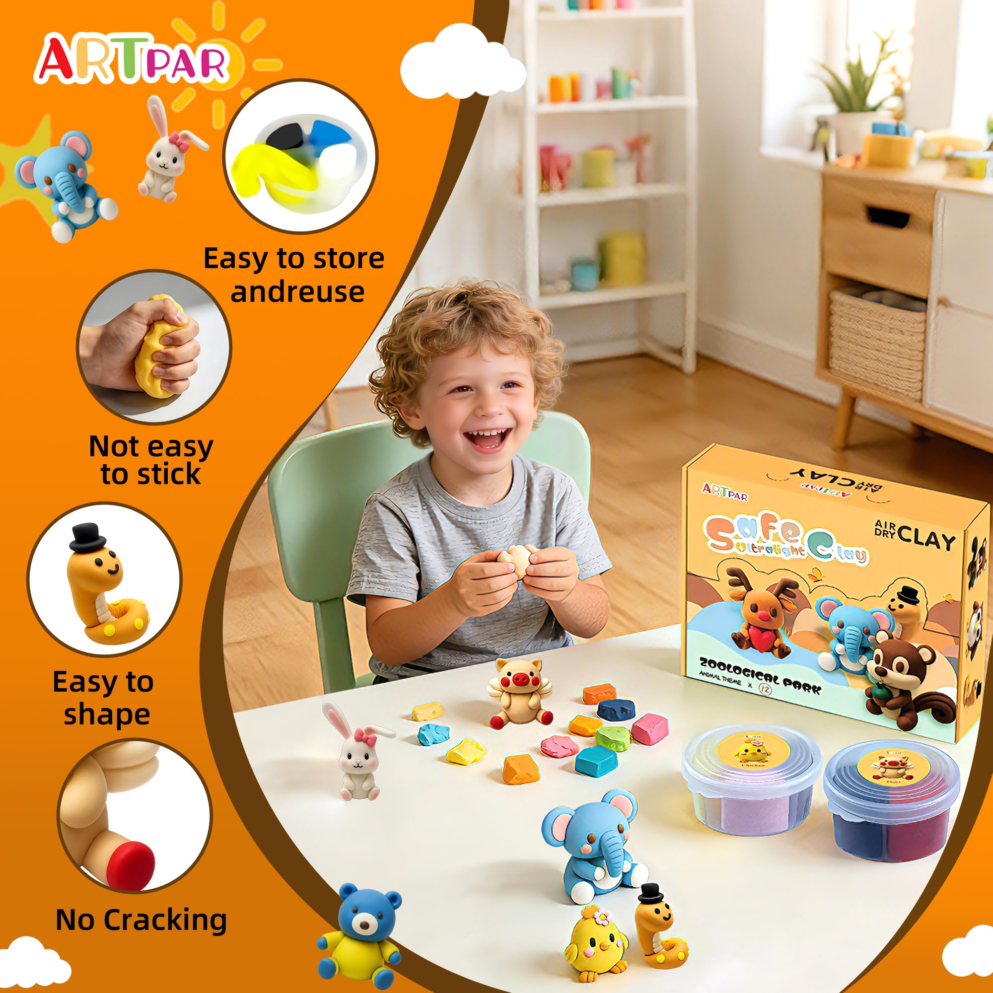 Air Dry Clay Kits for Kids-Modeling Magic Clay,12 Animals DIY Molding Clay Art Crafts Set,Ultra Light & Soft, Safe & Non-Stick with Sculpting Tools & Tutorials, Unique Gifts for Boys & Girls