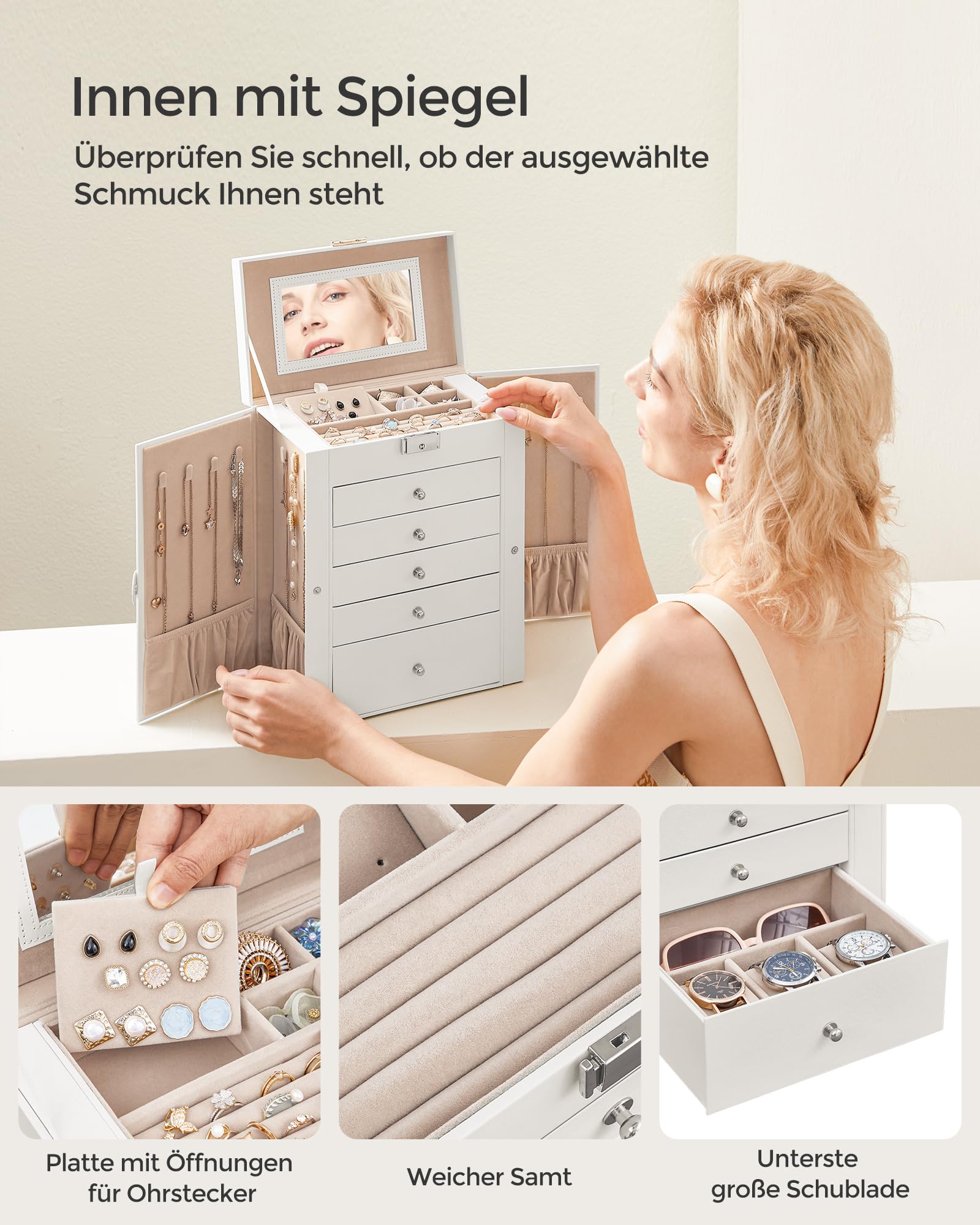 SONGMICS Schmuckkästchen 6 Ebenen, Schmuckkasten mit 5 Schubladen, viel Stauraum, innen mit Spiegel, abschließbar, Schmuckaufbewahrung, Geschenk für Ihre Liebsten, für Uhren, weiß JBC152W01