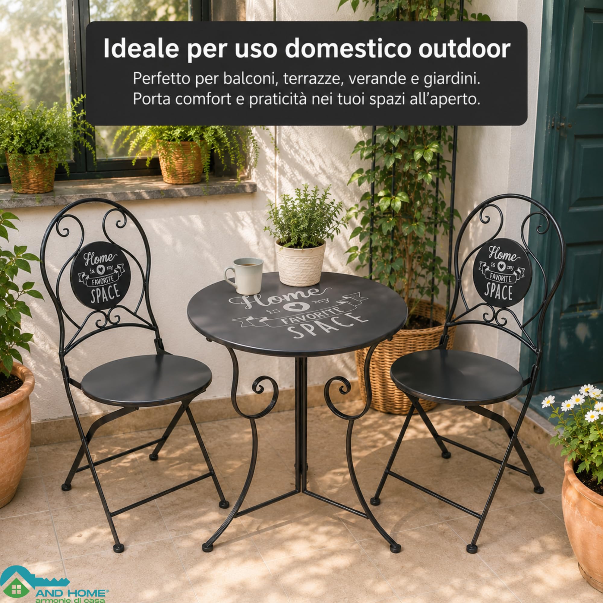 Tavolo e Sedie da Esterno con Tavolino Rotondo e 2 Sedie (Bistrot Fiore) | Struttura in metallo, colore grigio, tavolo Ø60 cm, ideale per balcone terrazzo veranda giardino