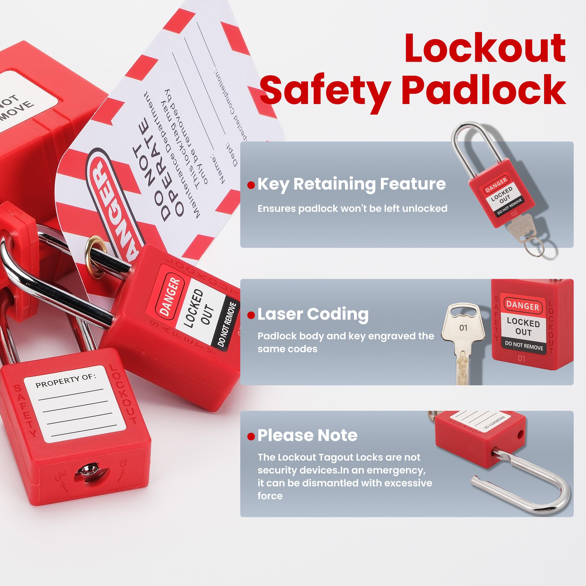 Juego de 50 candados de seguridad rojos compatibles con OSHA con 2 llaves cada una y etiquetas de etiquetado de bloqueo, diferentes cerraduras LOTO con llave para kits de bloqueo eléctrico