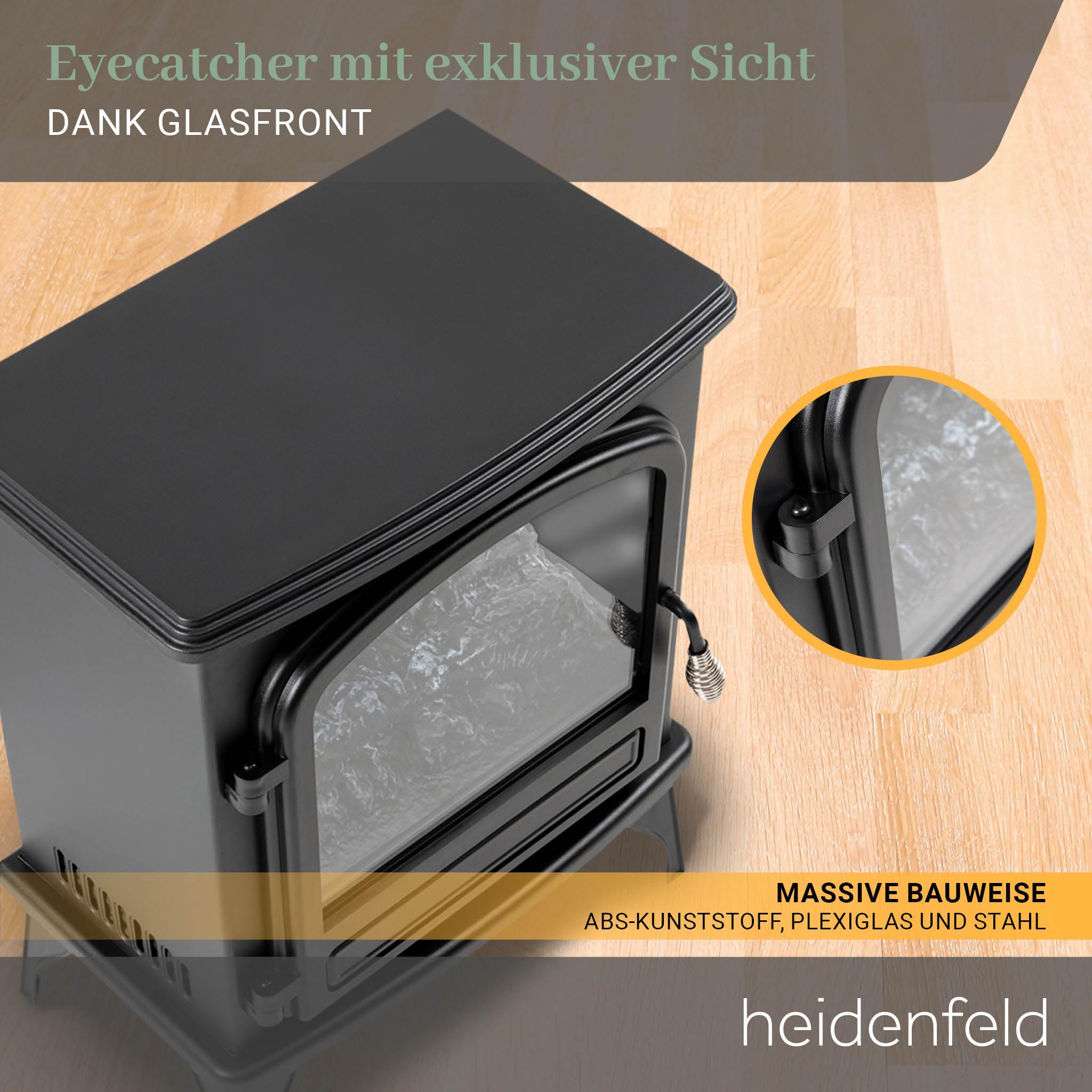 Heidenfeld Elektrokamin EK100 | 𝟯 𝐉𝐀𝐇𝐑𝐄 𝐆𝐀𝐑𝐀𝐍𝐓𝐈𝐄 - 2000 Watt - Energiesparende LEDs - Glasfront - 2 Heizstufen - 3D Flammeneffekt Kaminfeuer - Kaminofen Bis 30 m² (Schwarz 2.0)