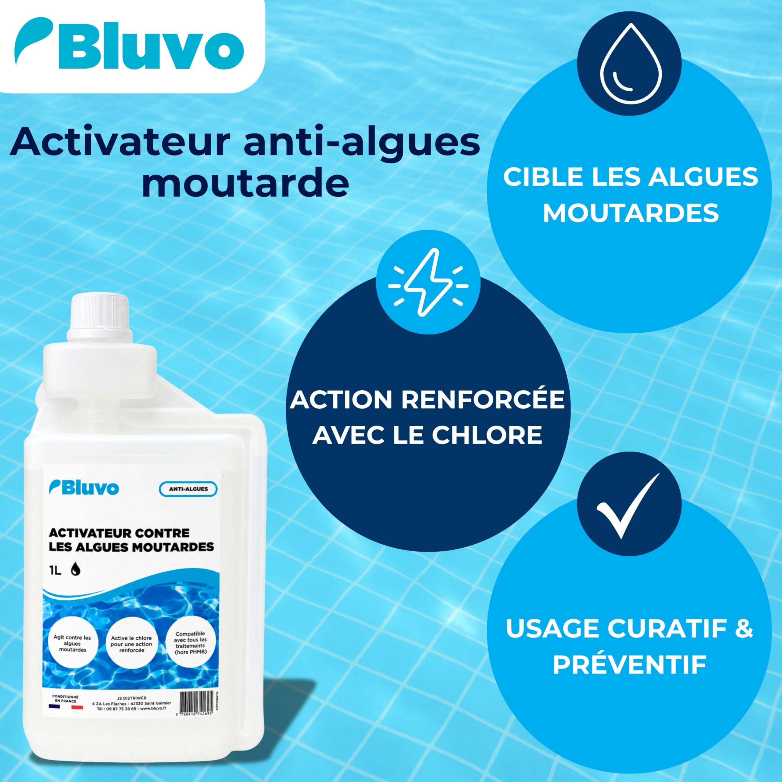 Activateur Anti-Algues Moutarde Piscine 1L | Traitement Algicide Spécifique Contre Les Algues Moutardes | Action Renforcée avec Le Chlore | Usage Curatif et Préventif