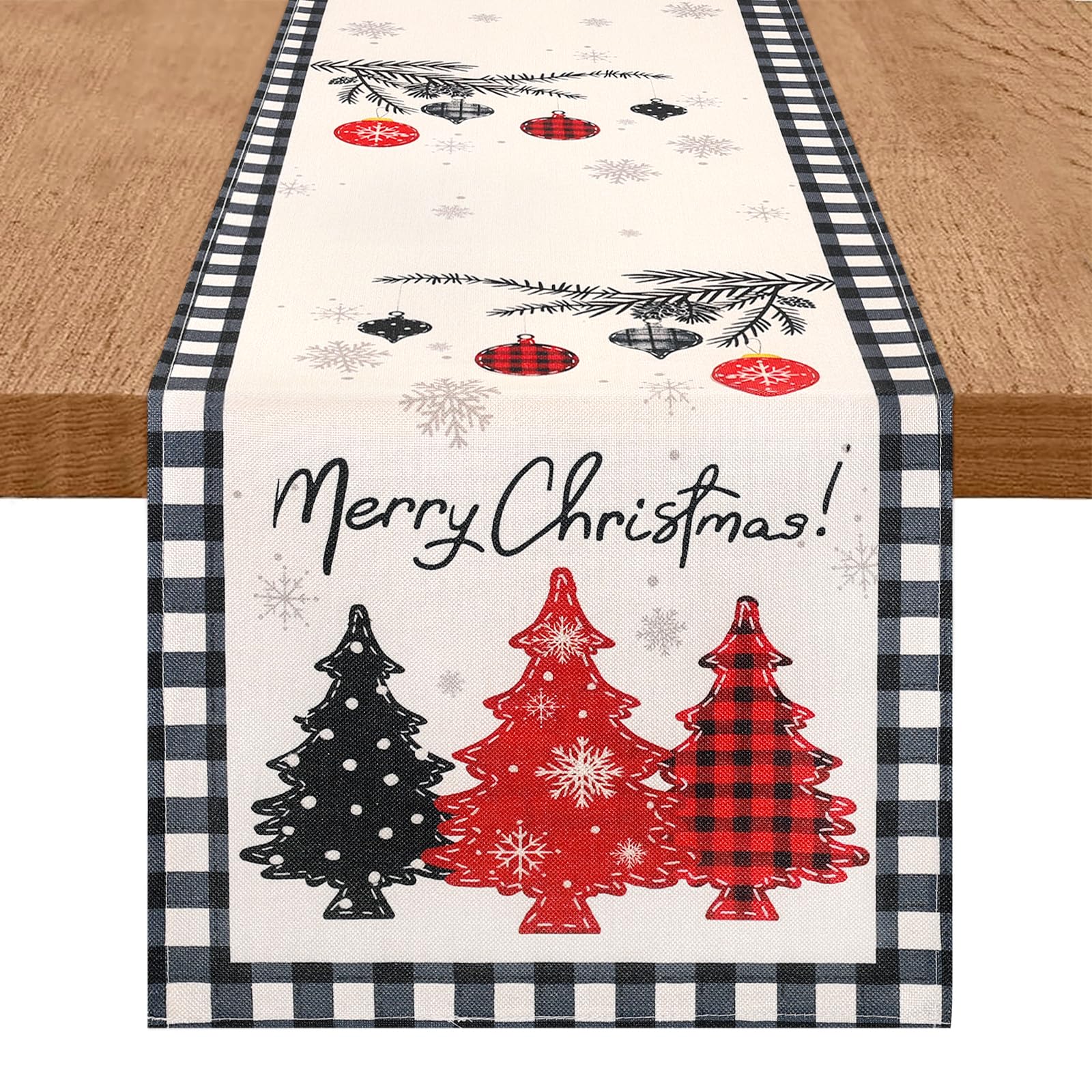 DecorMommt Camino de Mesa Navidad Rojo Negro 33x183cm, Centro de Mesa Navideño, Camino Mesa Tartán Lino Moderno, para la Decoracion Mesa Fiesta de Año Nuevo (Árbol de Navidad Rojo Negro)