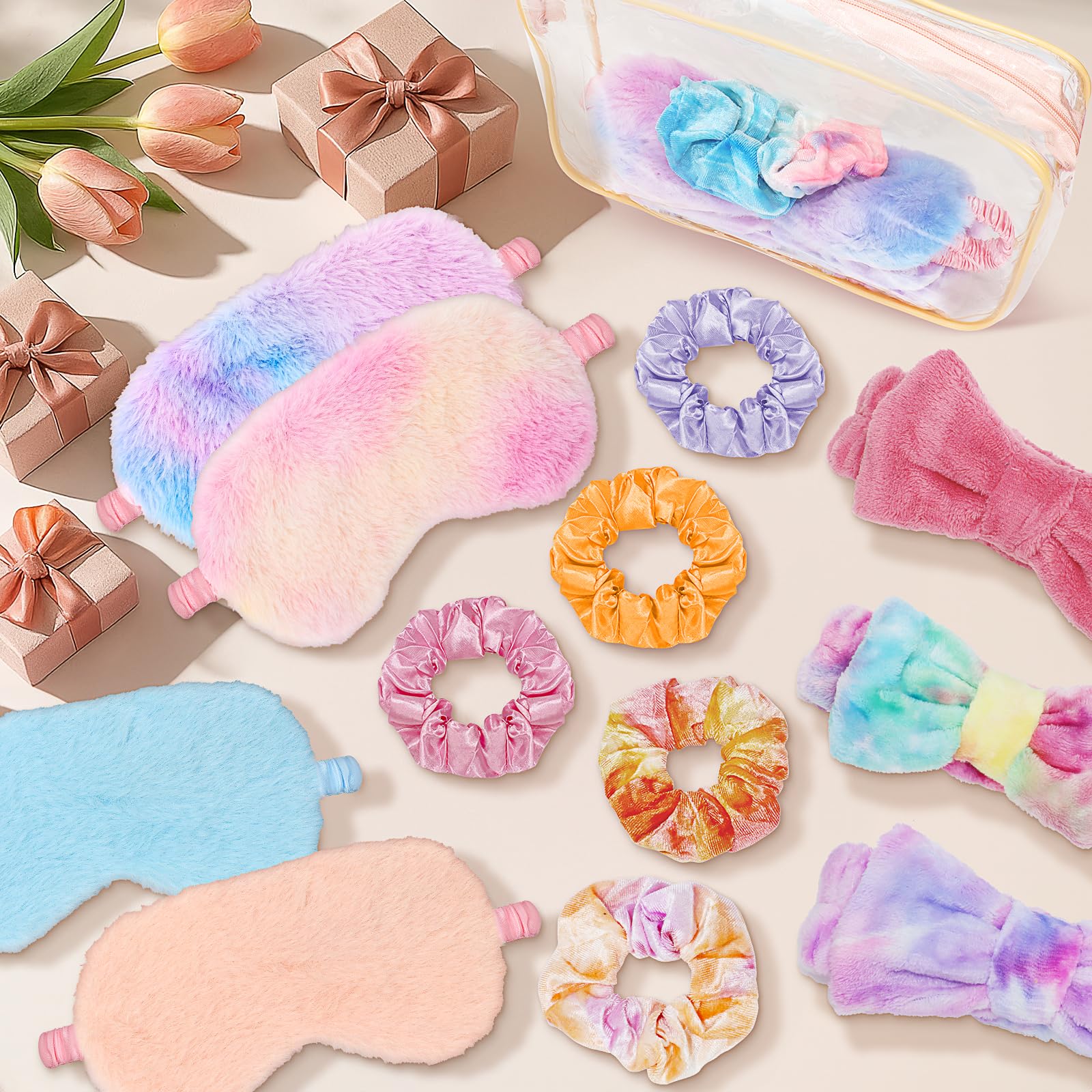 48 articoli per feste per pigiama party per ragazze, 12 fasce rosa spa, 12 maschere per occhi in peluche, 12 elastici in velluto rosa e 12 sacchetti da toilette trasparenti per regali di Natale