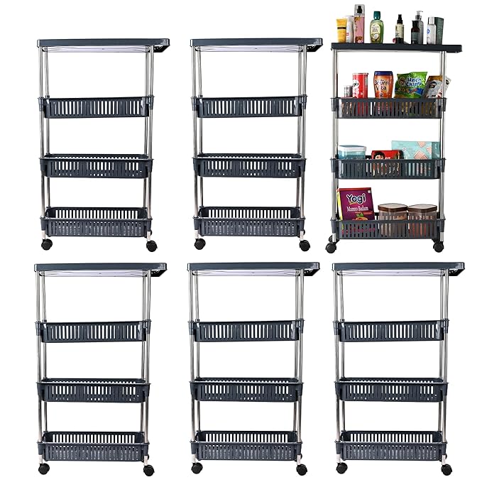 Kuber Industries Pack of 6 Storage Rack with Wheels | Slim 4-Layer Storage Organizer Rack | Cutlery Kitchen Rack | Multipurpose Storage Rack for Home-Office-Hospital | Kitchen Spice Rack | Grey