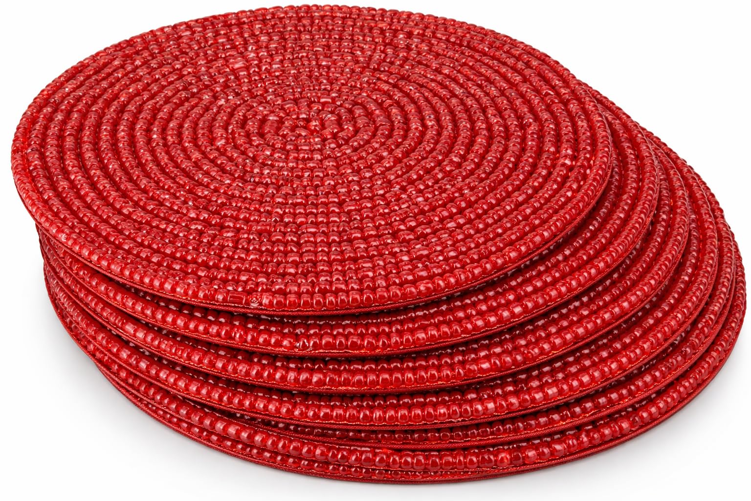 KPAVIR Red Beaded Coasters Set – Handmade Round Drink Coasters with Non-Slip Fabric Backing, Heat Resistant Table Mats for Dining Table, Coffee Table & Home Décor (Set of 6)