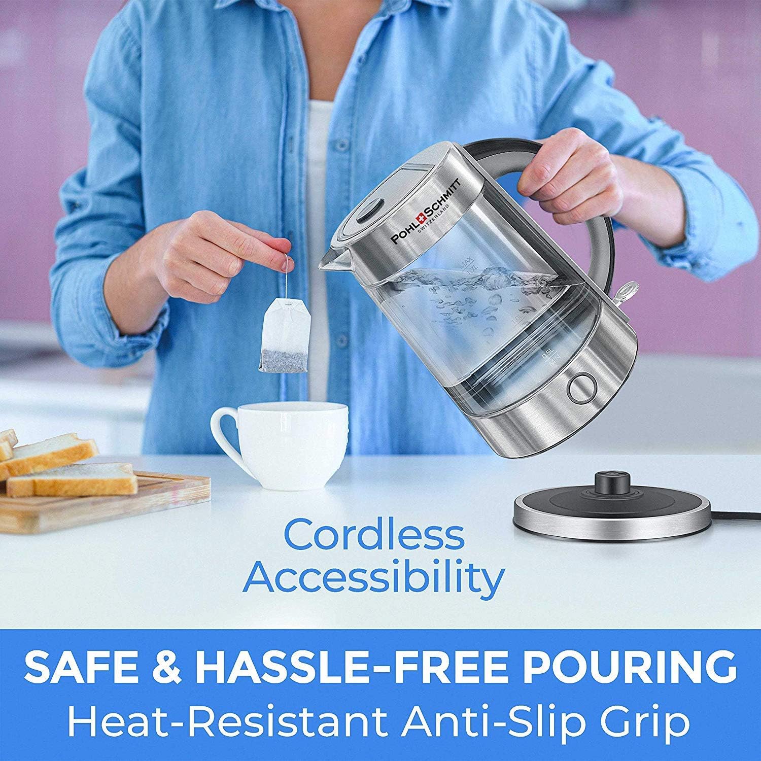 Pohl Schmitt 1.7L Electric Kettle with Upgraded Stainless Steel Filter, Inner Lid & Bottom, Glass Water Boiler & Tea Heater with LED, Cordless, Auto Shut-Off - Boil-Dry: Home & Kitchen