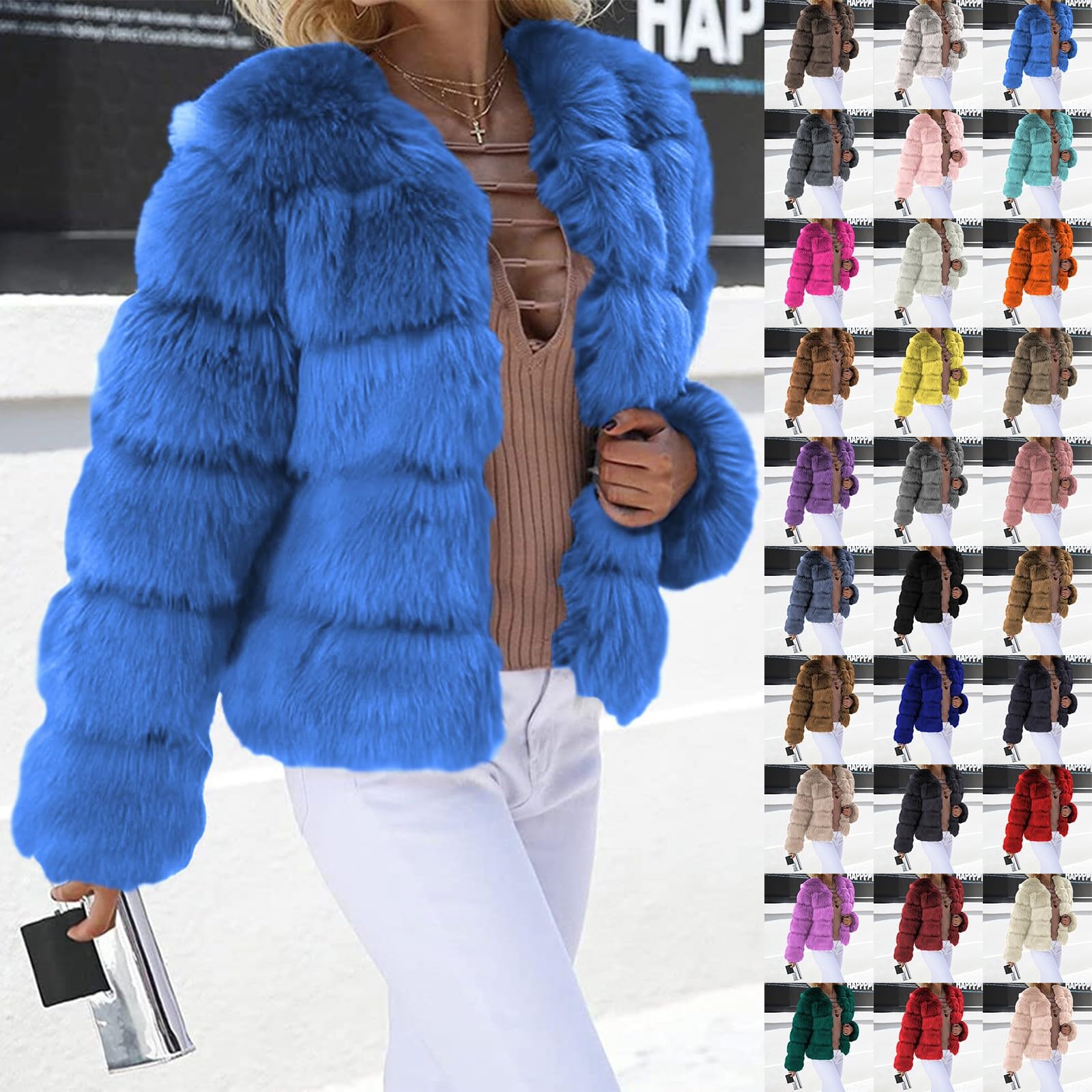 Veste en fourrure synthétique pour femme - Veste courte en fausse fourrure - Veste d'hiver pour femme - Couleur unie - Épaisse - Manteau d'hiver ample en fausse fourrure - Manteau d'extérieur - S-5XL
