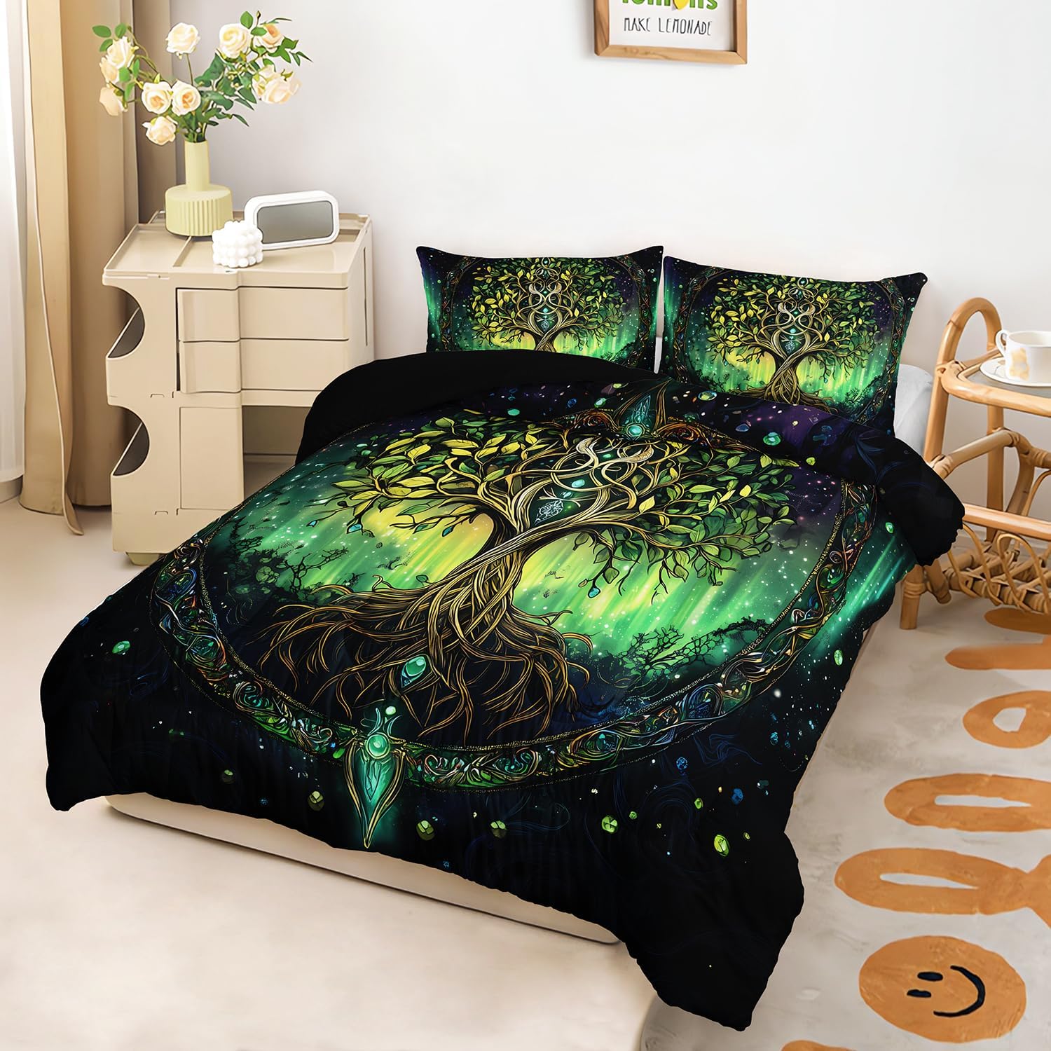 AILONEN Tree of Life Bedding Queen, Green Plant Starry Bohemia Comforter Set, Soft Lightweight Comforter Set, Exotic Boho Bedding 3-Piece, 1 Comforter + 2 Pillowcases