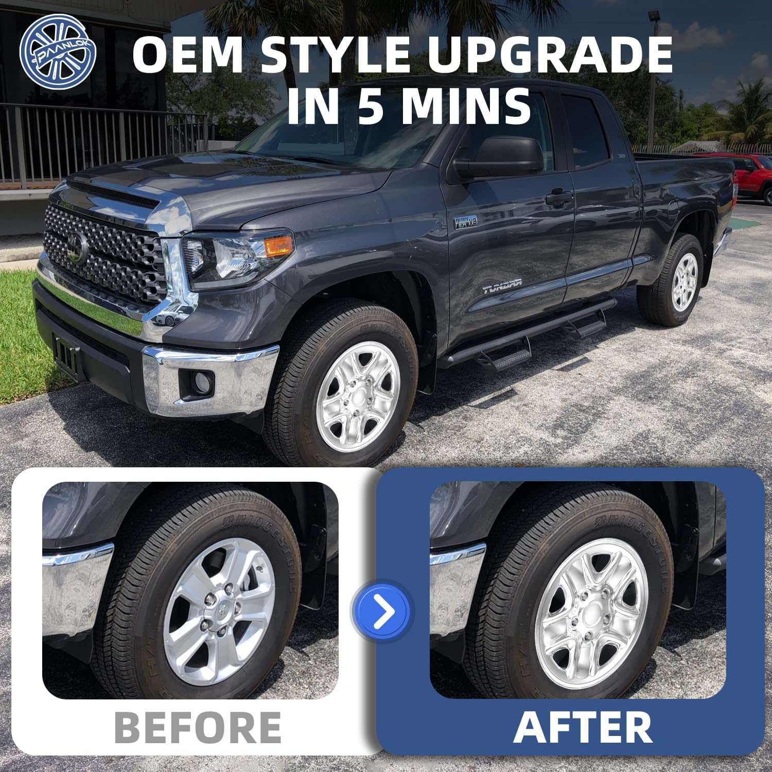 18 inch Chrome Silver Wheel Skins for 2007-2021 Toyota Tundra Fits Factory Steel Wheels 42601-0c041, 5 Spoke Snap on Hubcaps Wheel Covers 4 Pack