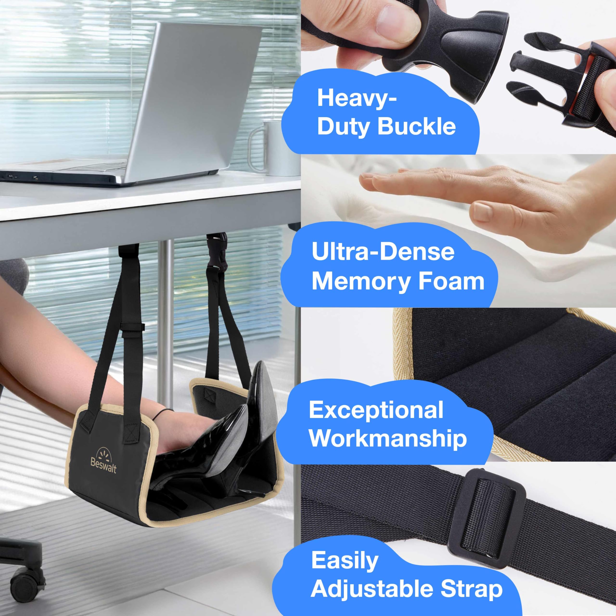 Portable Foot Rest Hammock for Travel with Memory Foam Hardboard for No Feet or Leg Clashing - Long — view 2