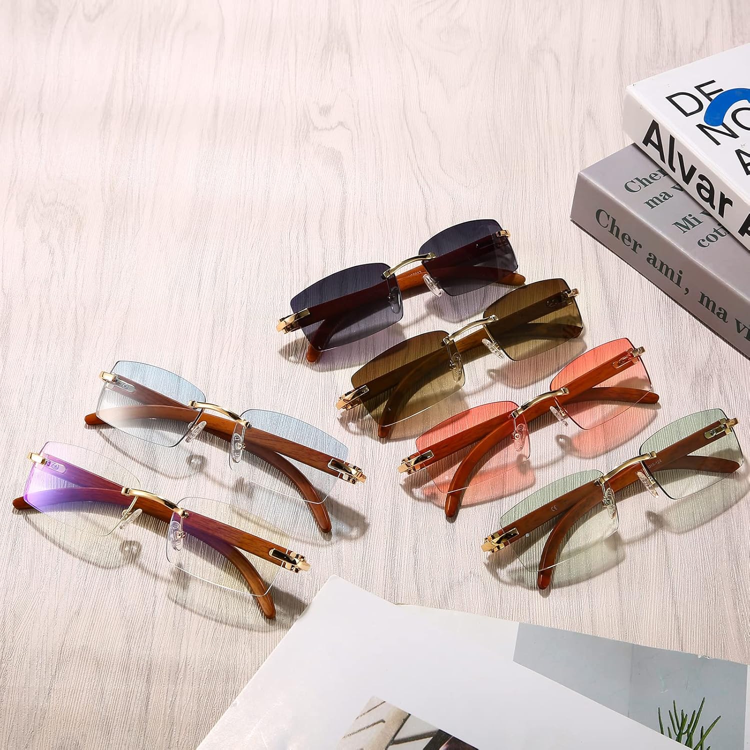 Dollger Rimless Rectangle Sunglasses for Men Women Hip-hop Wood Small Square Sunglasses Frameless 70s 90s Shades - Image 7