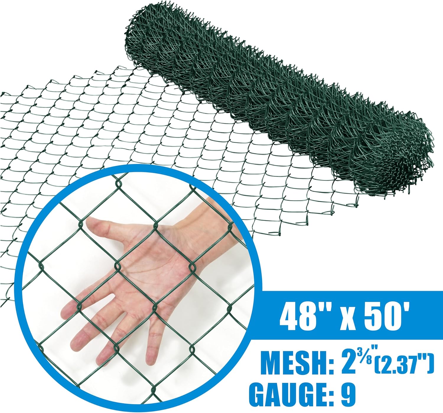 CAPHAUS Galvanized Steel 9 Gauge Green Vinyl Coated Chain Link Fencing Wire Roll, Galvanized Fence Fabric, Diamond Mesh Size 2-3/8 Inch (48 inch x 50ft.)